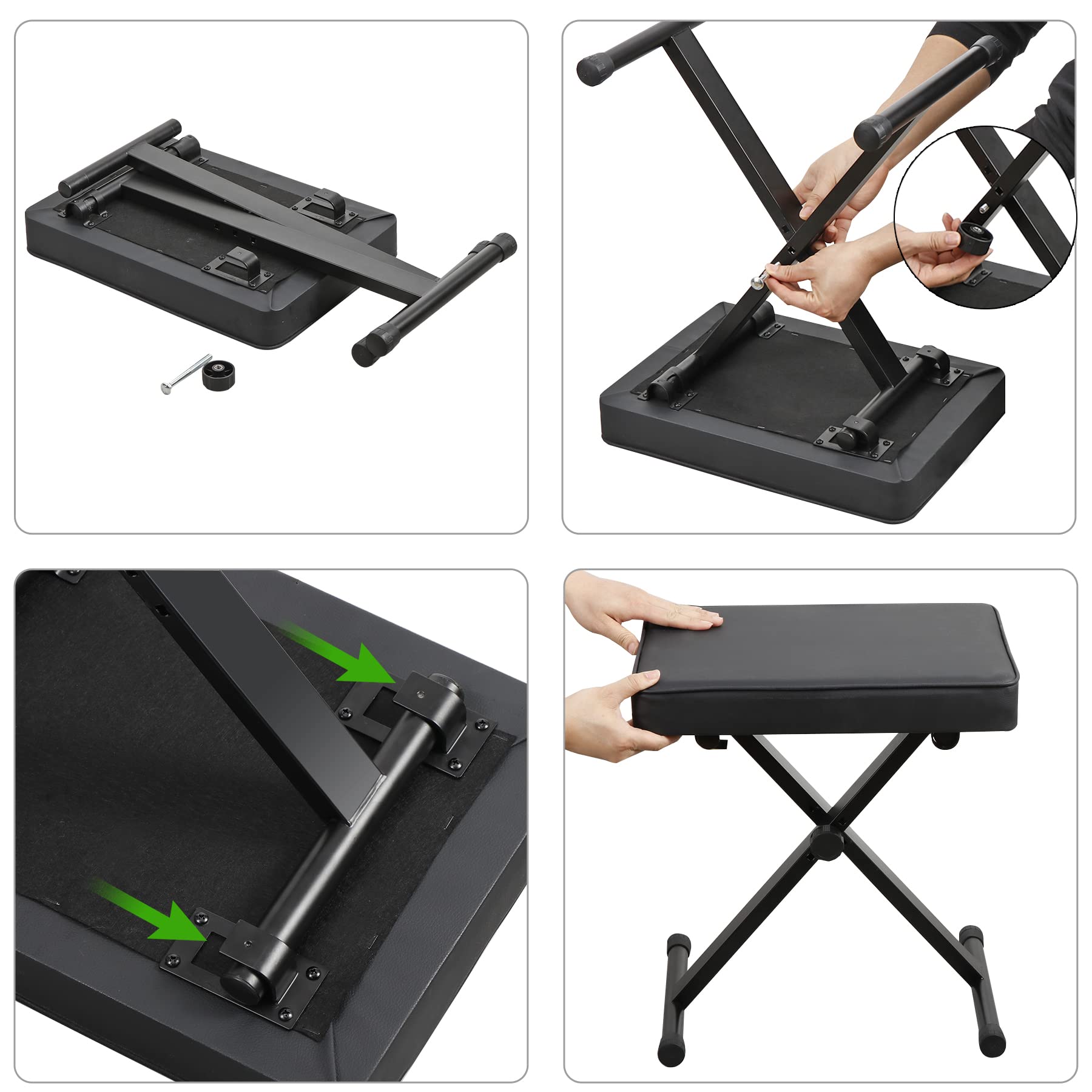 Adjustable Folding Padded Piano Bench - Portable Non-Slip Keyboard Stool with X-Style Frame | Perfect for Home, Studio & Travel Use - Black