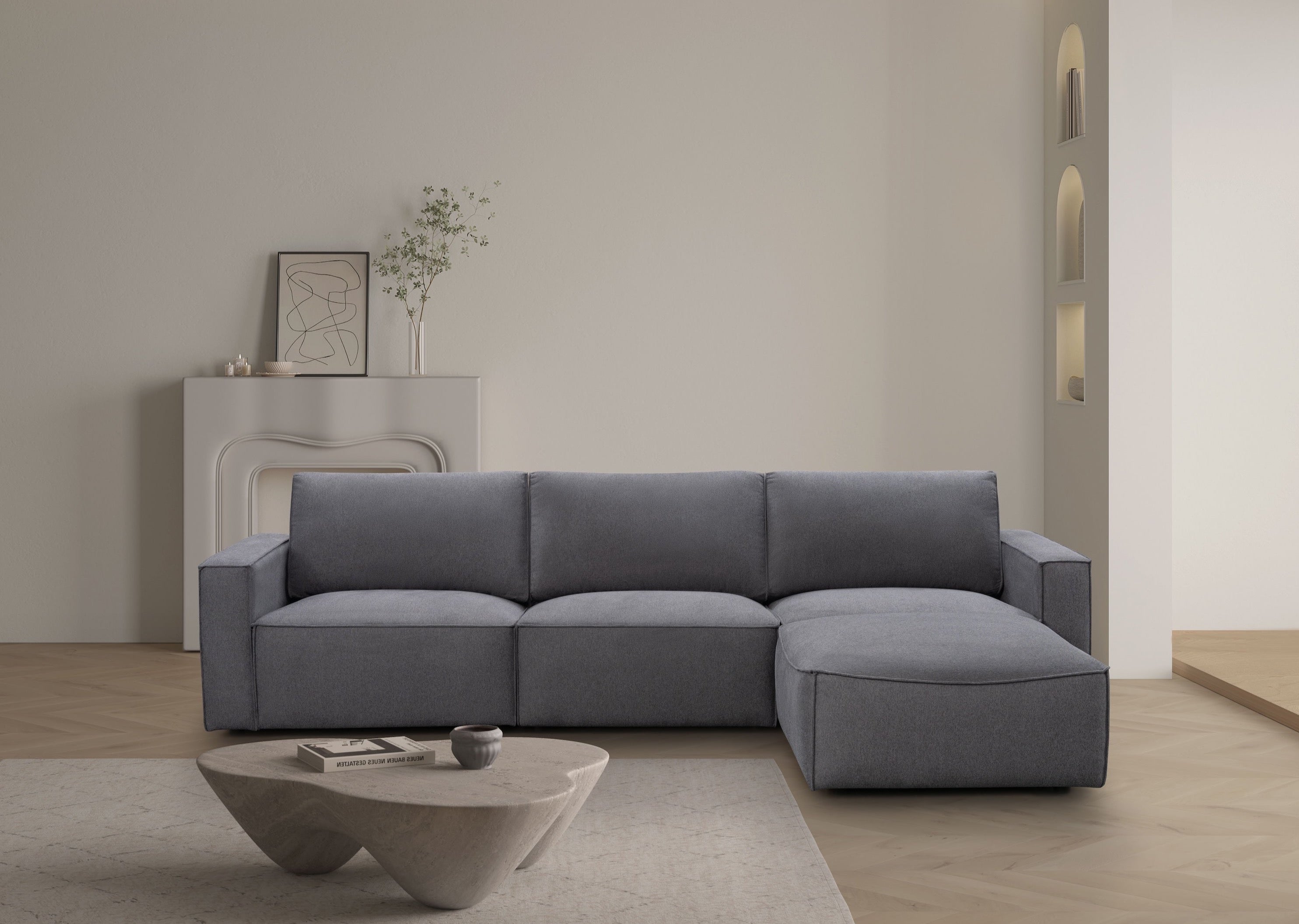 Premium Maui 3-Seater Sofa with Ottoman - Elk Hazy Brown Fabric - Perfect for Living Room, Lounge & Family Room Relaxation