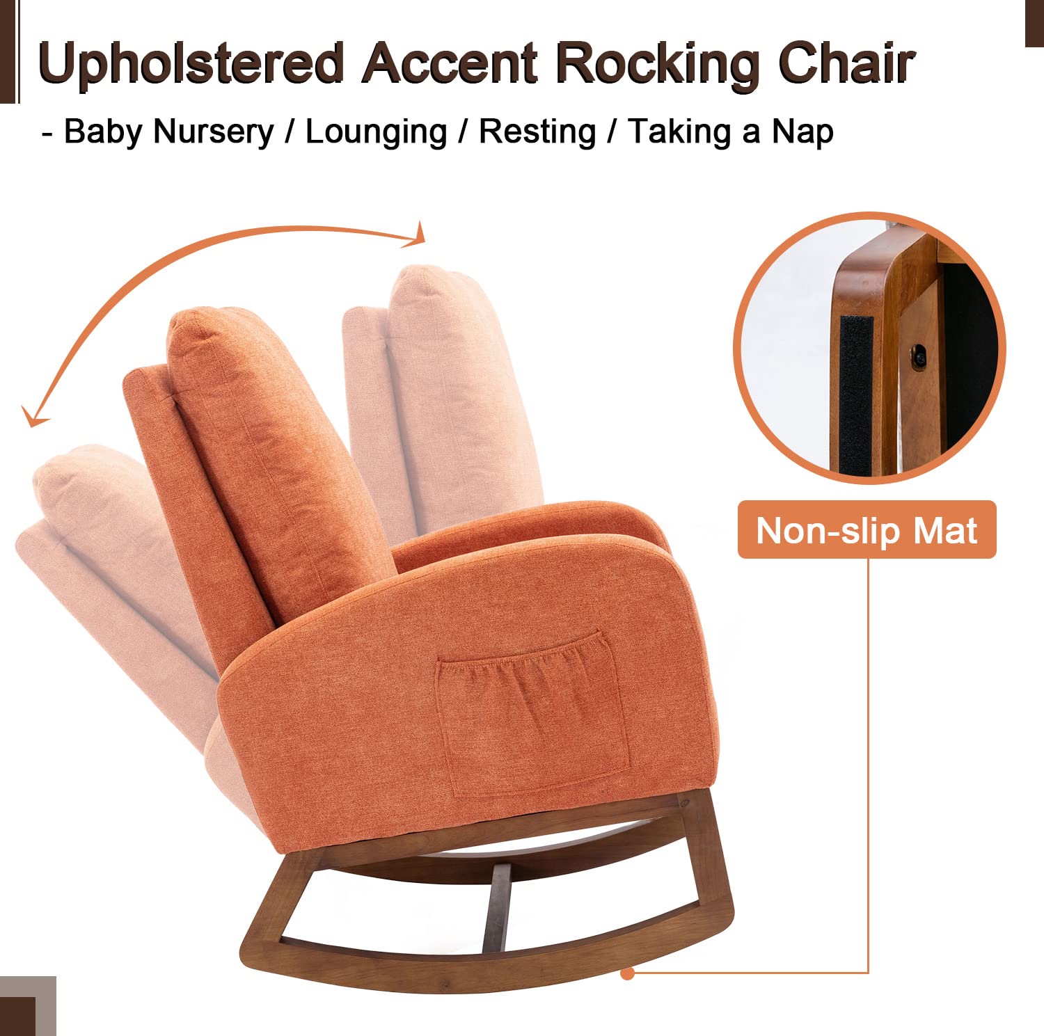 Antetek Modern Upholstered Rocking Chair - Nursery Glider Rocker for Baby & Kids, Comfortable High Back Armchair with Side Pocket - Perfect for Living Room, Nursery, or Bedroom (Orange)