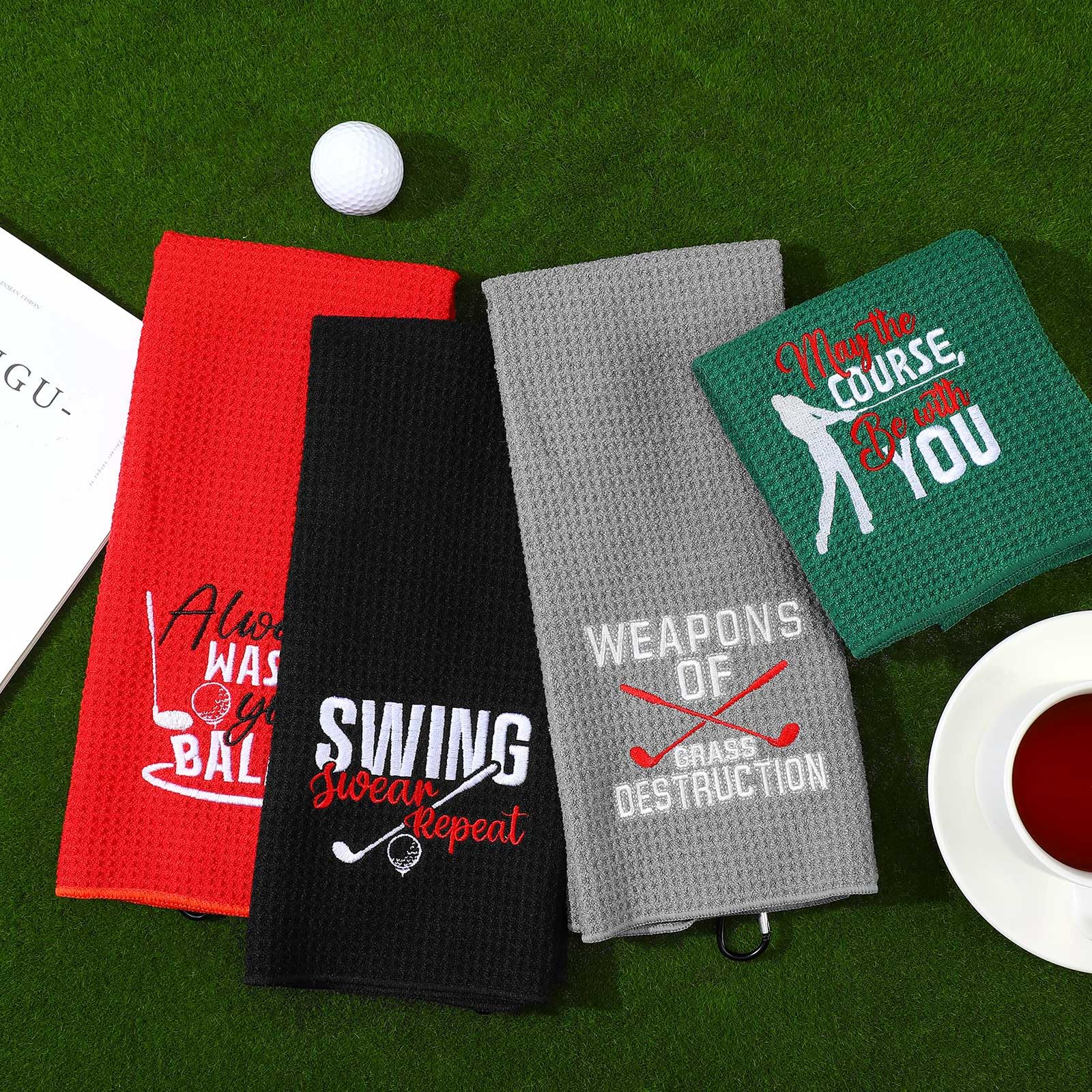 4 Pack Funny Golf Towels with Clip - Embroidered Golf Accessories for Golf Bags & Clubs - Perfect Gift for Men, Women, Golf Fans (24