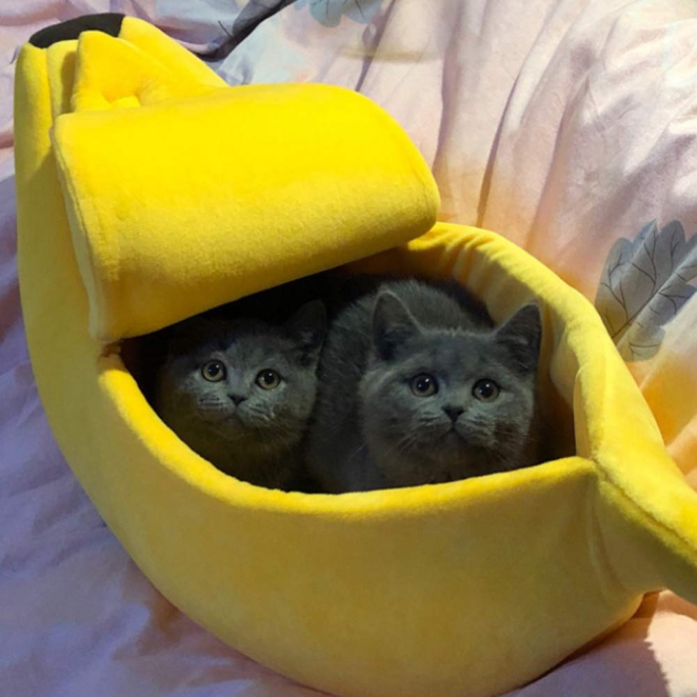 Soft Cute Cat Bed House - Cozy Pet Cuddle Bed for Cats, Kittens, Rabbits & Small Dogs - Banana Design Yellow XL - Perfect for Indoor Napping & Pet Comfort