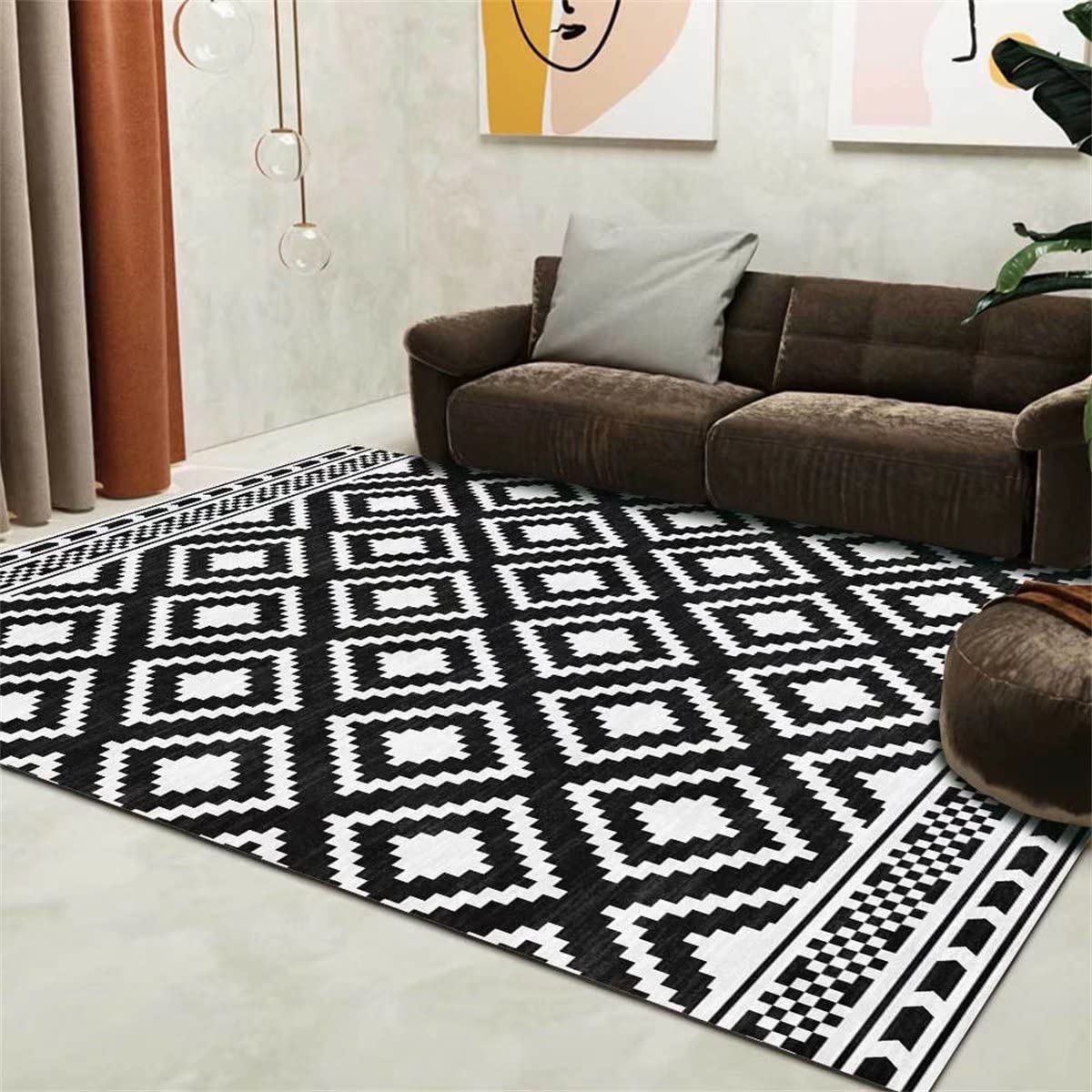 Boho Moroccan Lattice Pattern Washable Area Rug 4'x6' - Non-Slip Living Room Carpet, Cozy Bedroom Floor Mat, Durable Dining Table Rug for Home Decor | Perfect for Bohemian Style Spaces & High Traffic Areas