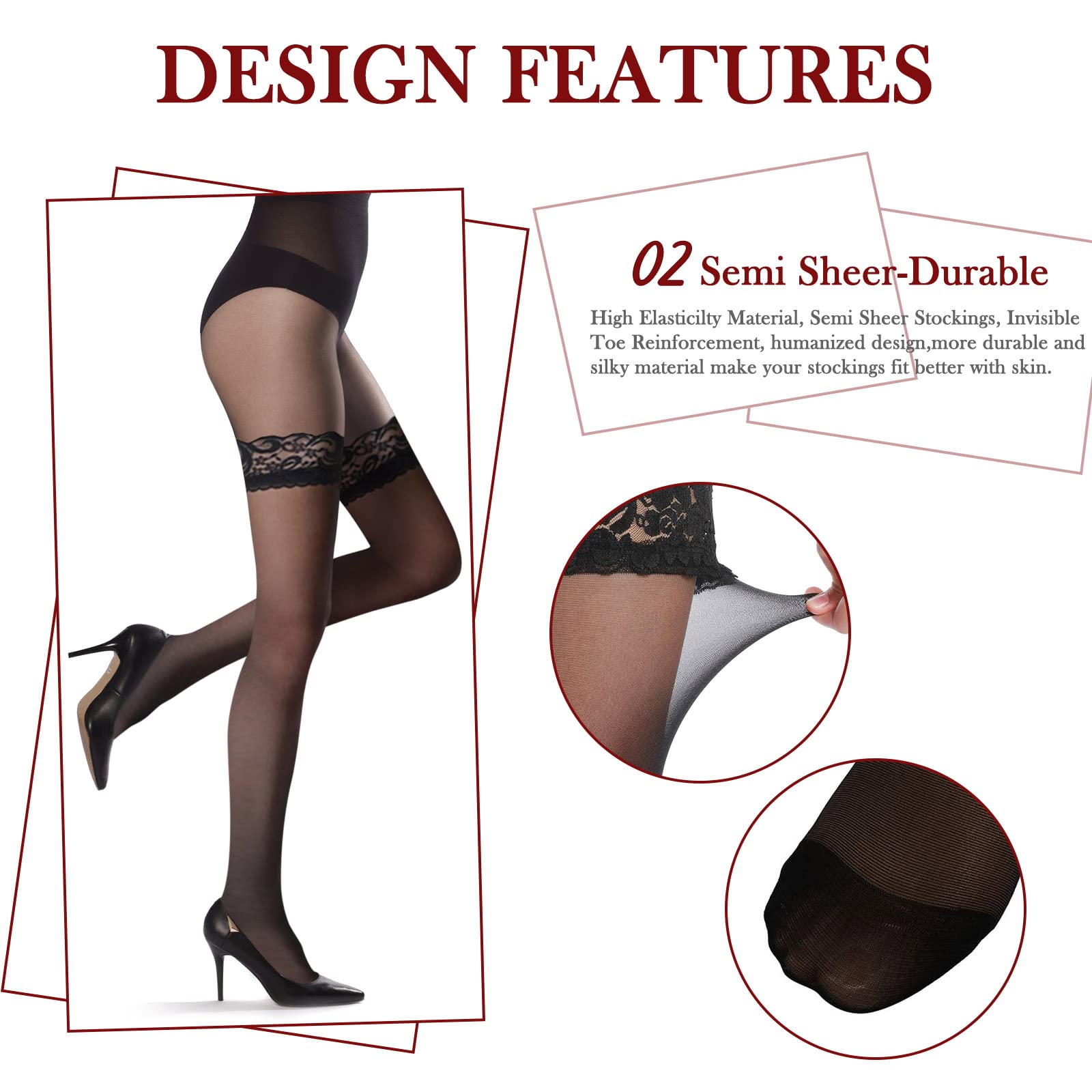 3 Pairs Women's Lace Thigh High Stockings - Semi-Sheer Hold-Up Anti-Slip Silk Tights for Women & Girls - Valentine's Day Gift, Date Night, Party Wear & Special Occasions