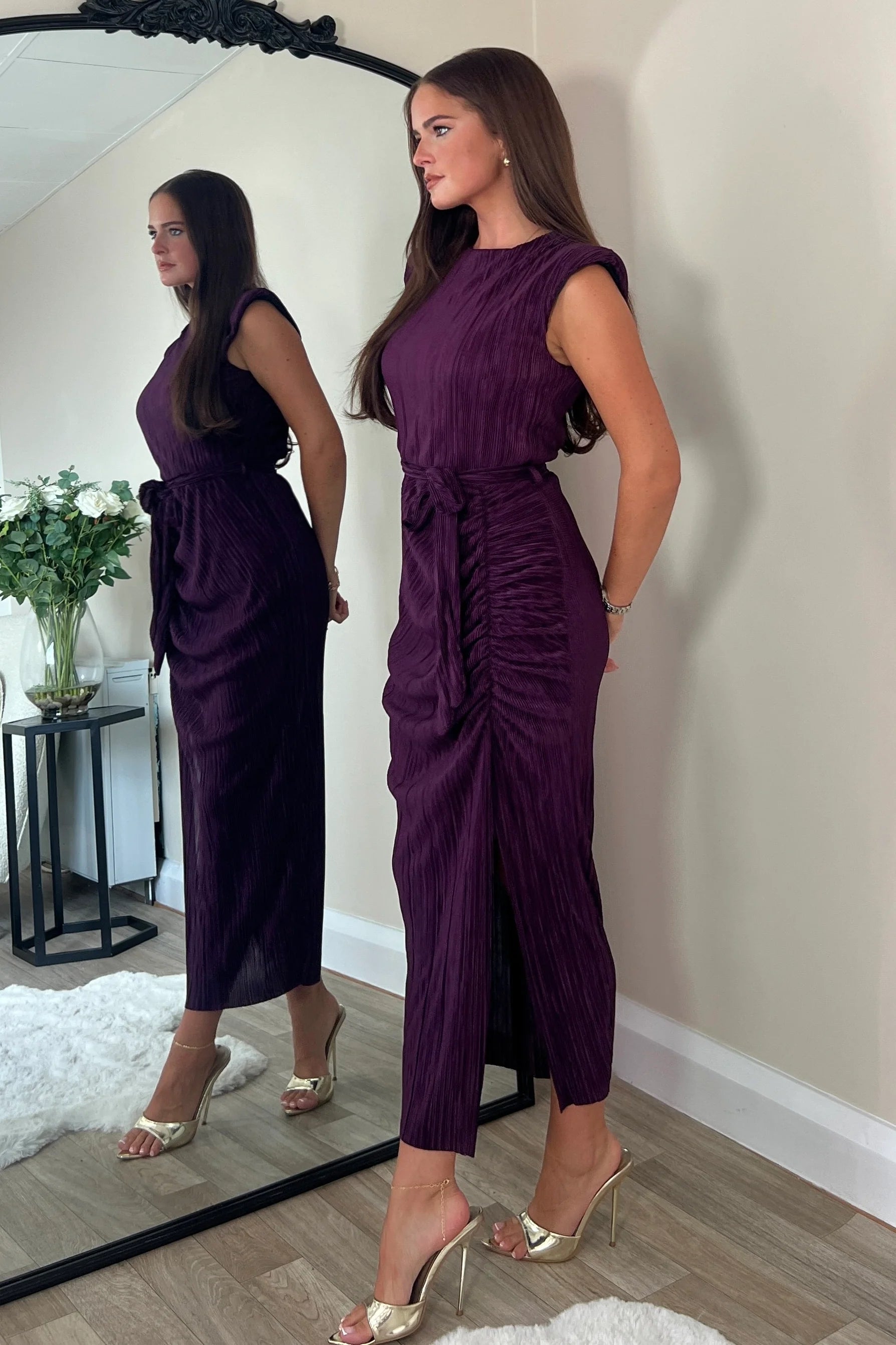 Elena Ruched Seamed Midi Dress for Women - Elegant Purple Bodycon Dress for Party, Wedding & Date Night