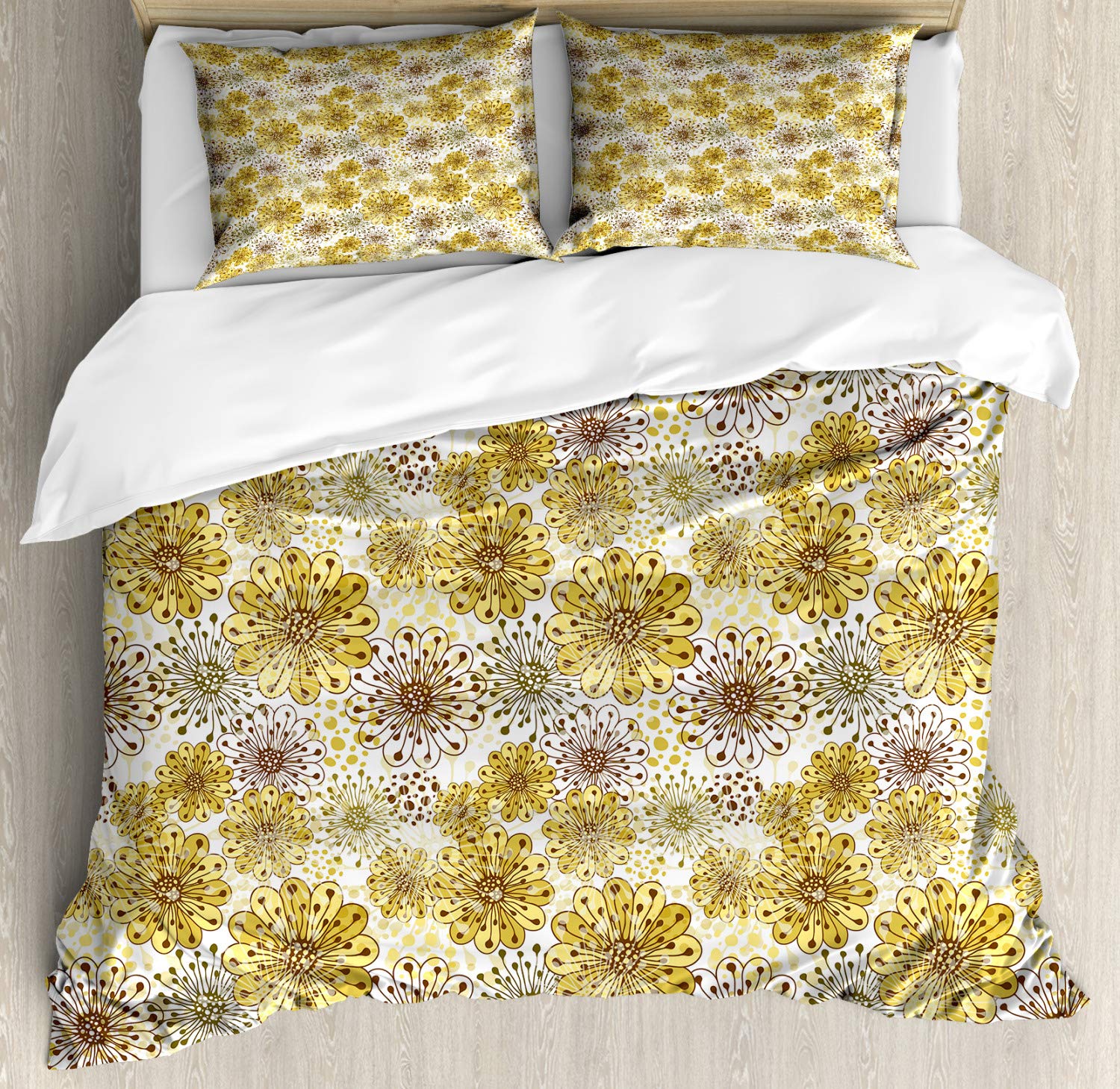 Ambesonne Floral Duvet Cover Set - Modern Blossom Petals & Abstract Dot Design, 3-Piece Bedding Set with 2 Pillow Shams, California King Size, Khaki Brown & White - Perfect for Master Bedroom, Guest Room & Home Decor