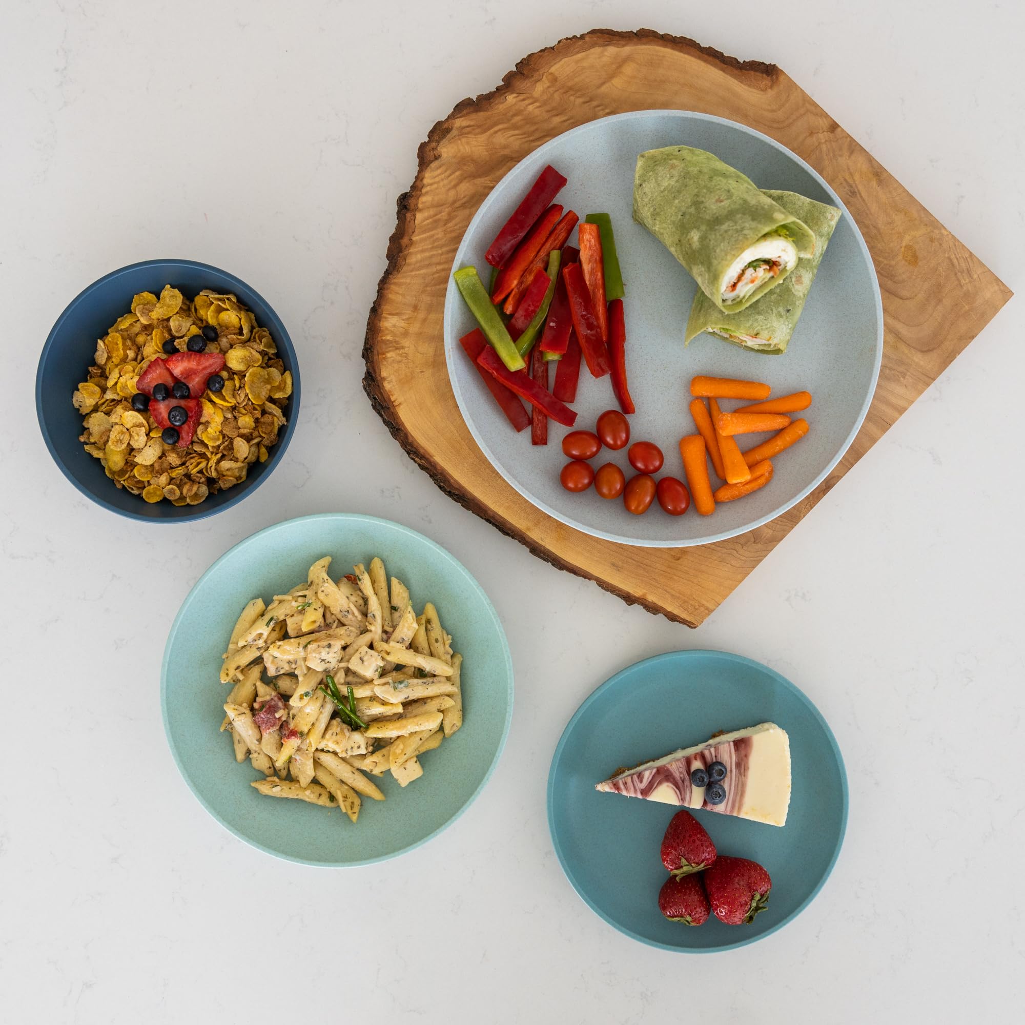 Premium 16-Piece Wheat Straw Dinnerware Set for 4 - Eco-Friendly Plates & Bowls (Dinner, Dessert, Pasta, Cereal) | Microwave Safe, BPA-Free | Perfect for RV Camping, Picnics & Outdoor Dining - Seascape Design
