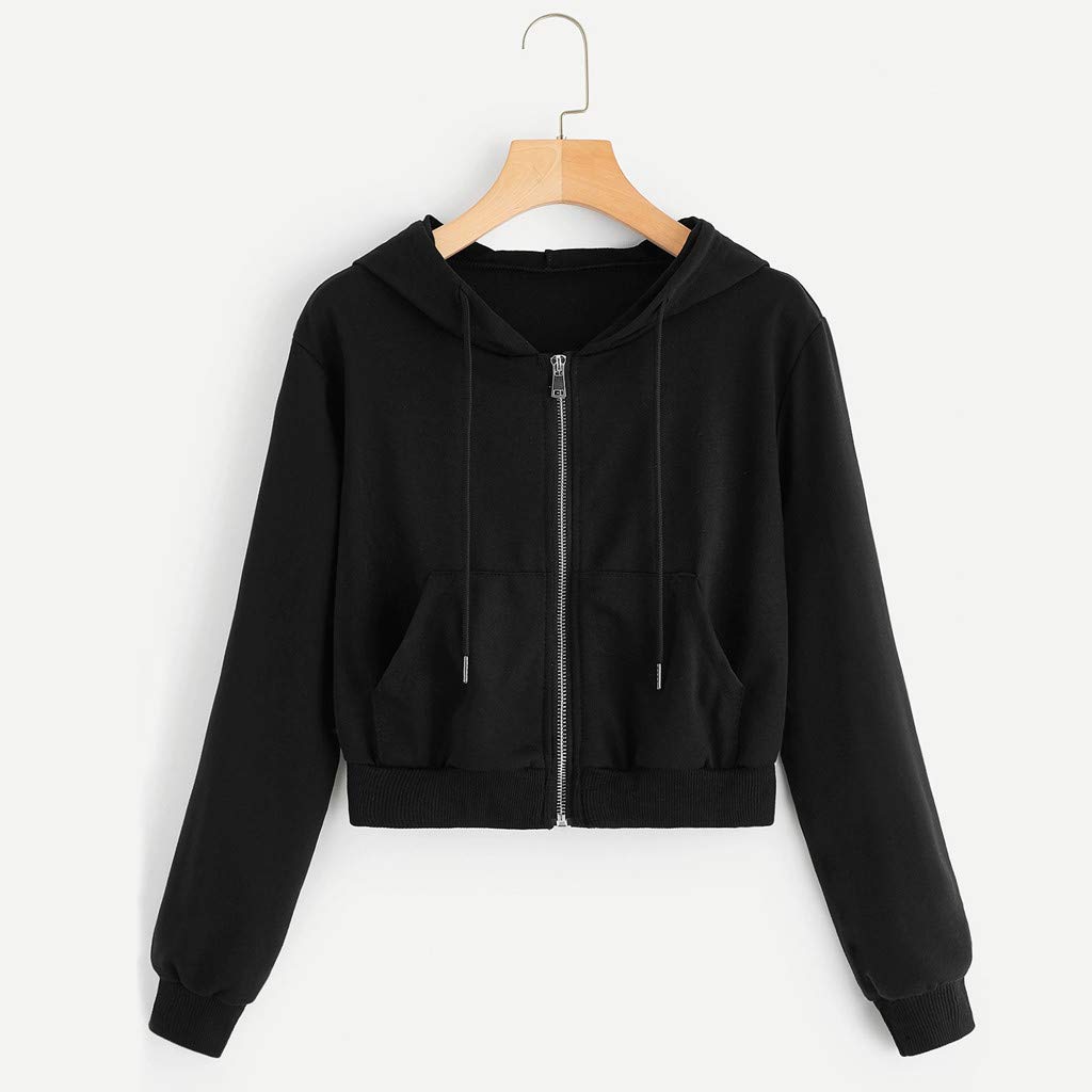 Red Zip Up Hoodie for Women & Teens - COOKI Crop Hooded Sweatshirt, Basic Long Sleeve Pullover, Cropped Sweater Shirt for Girls (Black) | Casual Wear, Street Style, Gym & Lounge Outfits