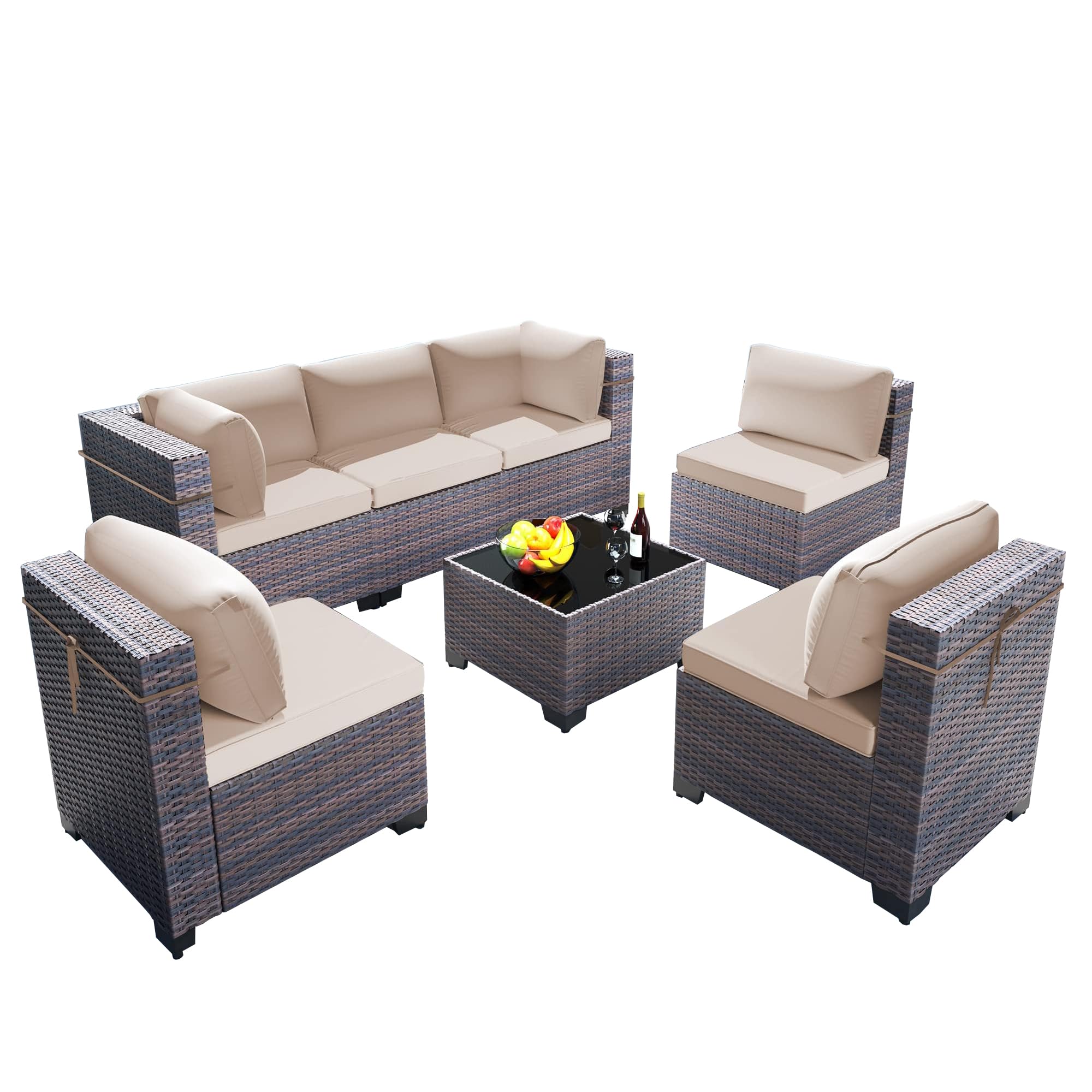 Gotland 7-Piece All-Weather Outdoor Patio Furniture Set - PE Wicker Sectional Sofa with Coffee Table & 6 Thickened Cushions (Khaki) - Perfect for Backyard, Deck, Poolside & Garden Relaxation