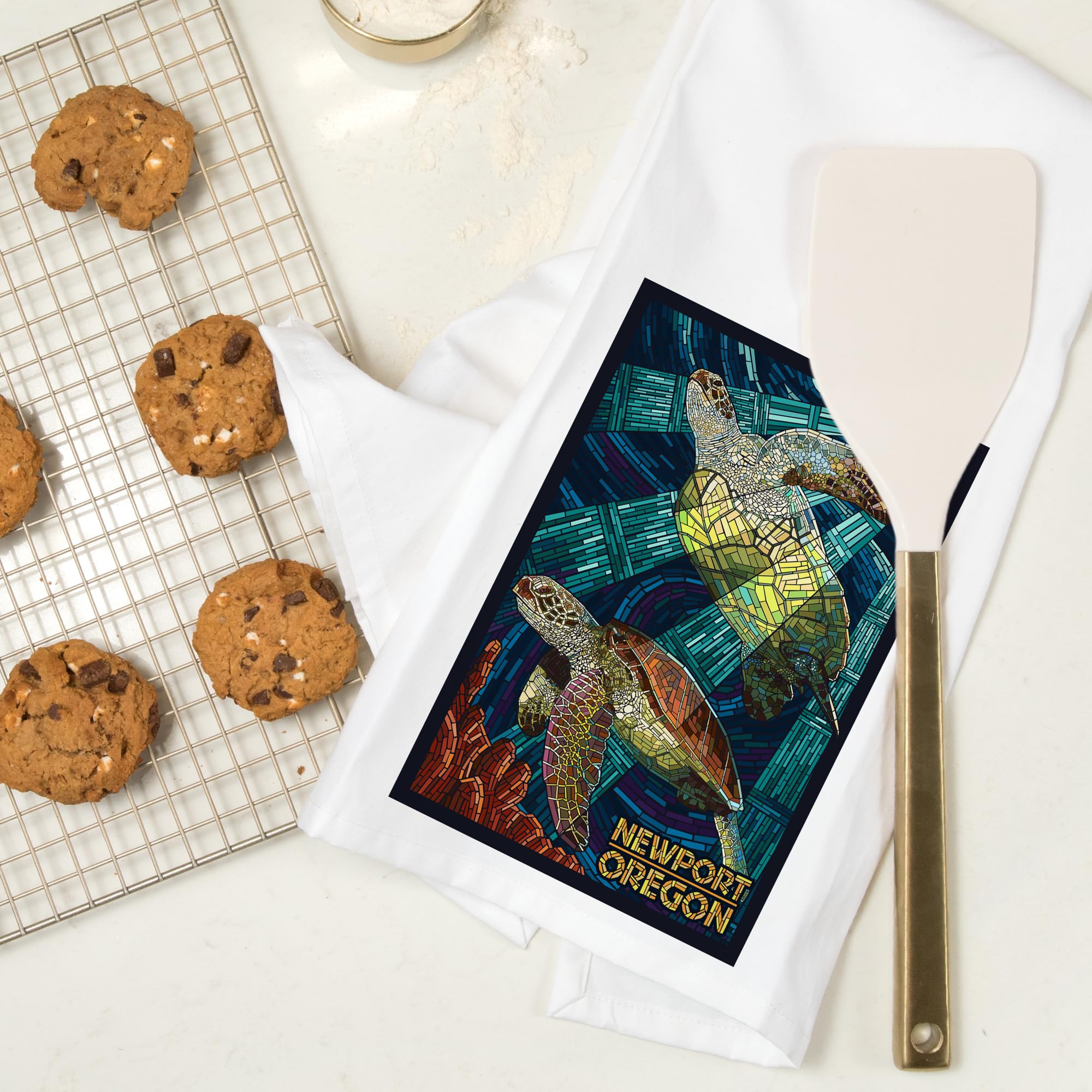 Lantern Press Newport Oregon Sea Turtle Mosaic Tea Towel - 100% Cotton Decorative Hand Towel for Kitchen & Home Decor - Perfect for Gifts, Dish Drying, and Coastal Themed Decor