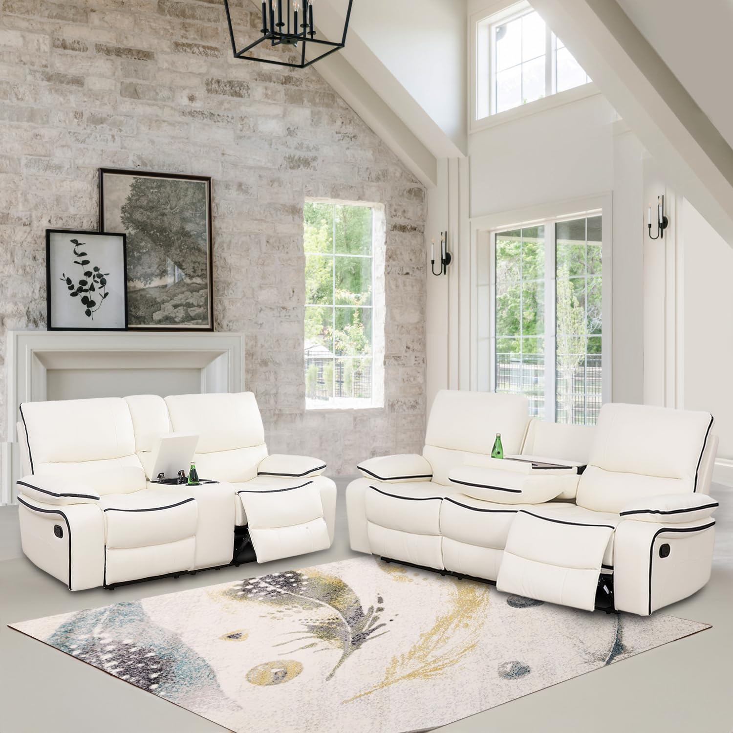 Bonded Leather Recliner Sofa Set with Cup Holders - Living Room & Office Furniture (Loveseat & Couch, Cream White) | Perfect for Family Movie Nights & Home Theater Lounging