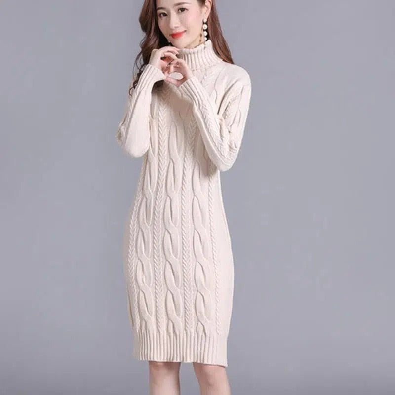 Women's Solid Color Turtleneck Knit Sweater Dress - Warm Winter Pullover Dress for Casual Outings & Office Wear