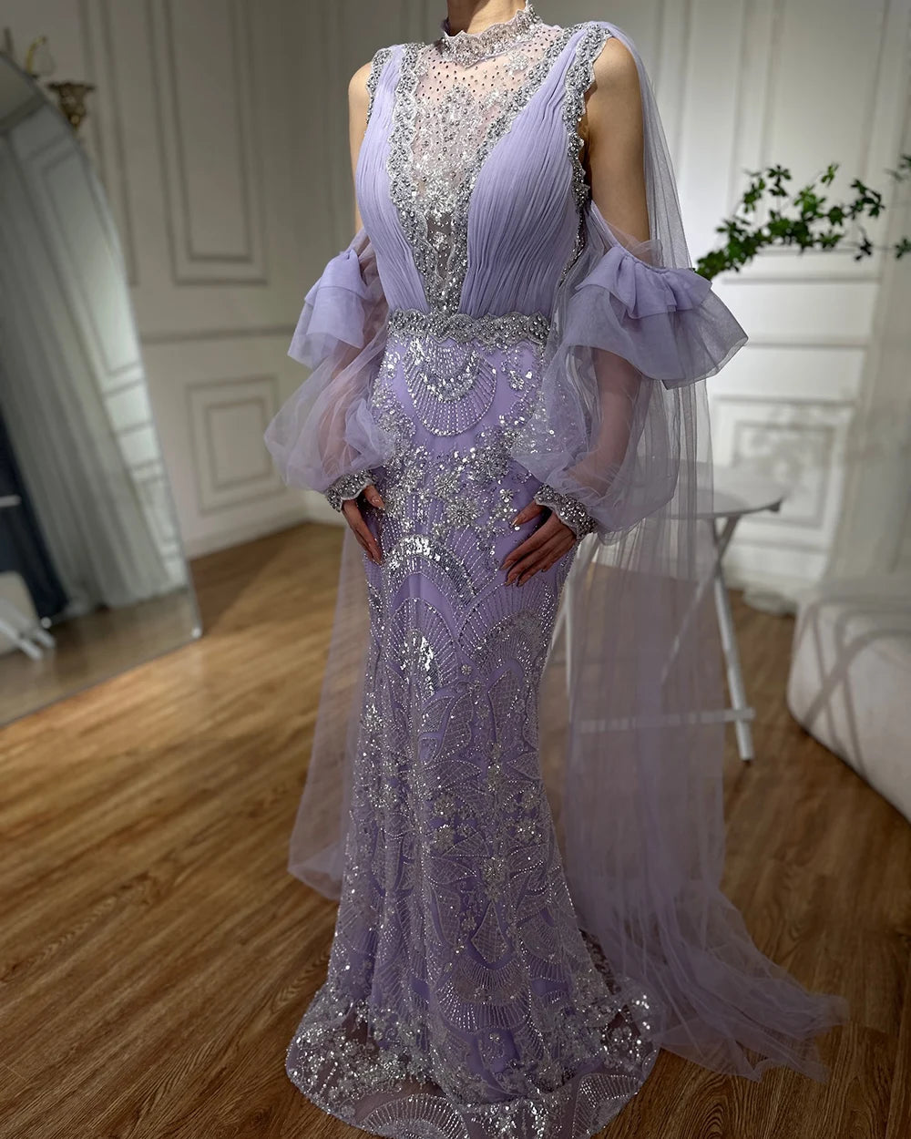 Luxury Dubai Arabic Lilac Mermaid Puffy Sleeves Sparkling Beaded Long Evening Dress Gown for Women - Formal Occasion Prom Wedding Party LA72745 | Elegant Beaded Gown for Special Events & Red Carpet