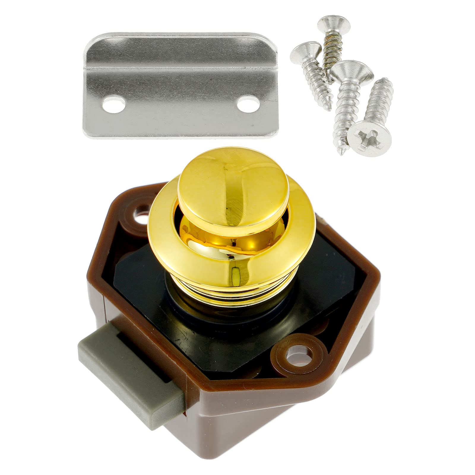 JEATHA Keyless Push Button Door Lock - Secure Cabinet & Cupboard Latch with Screws for Campers, Caravans, Boats, RVs & Yachts (Brown & Gold) - Ideal for Home, Office & Marine Use