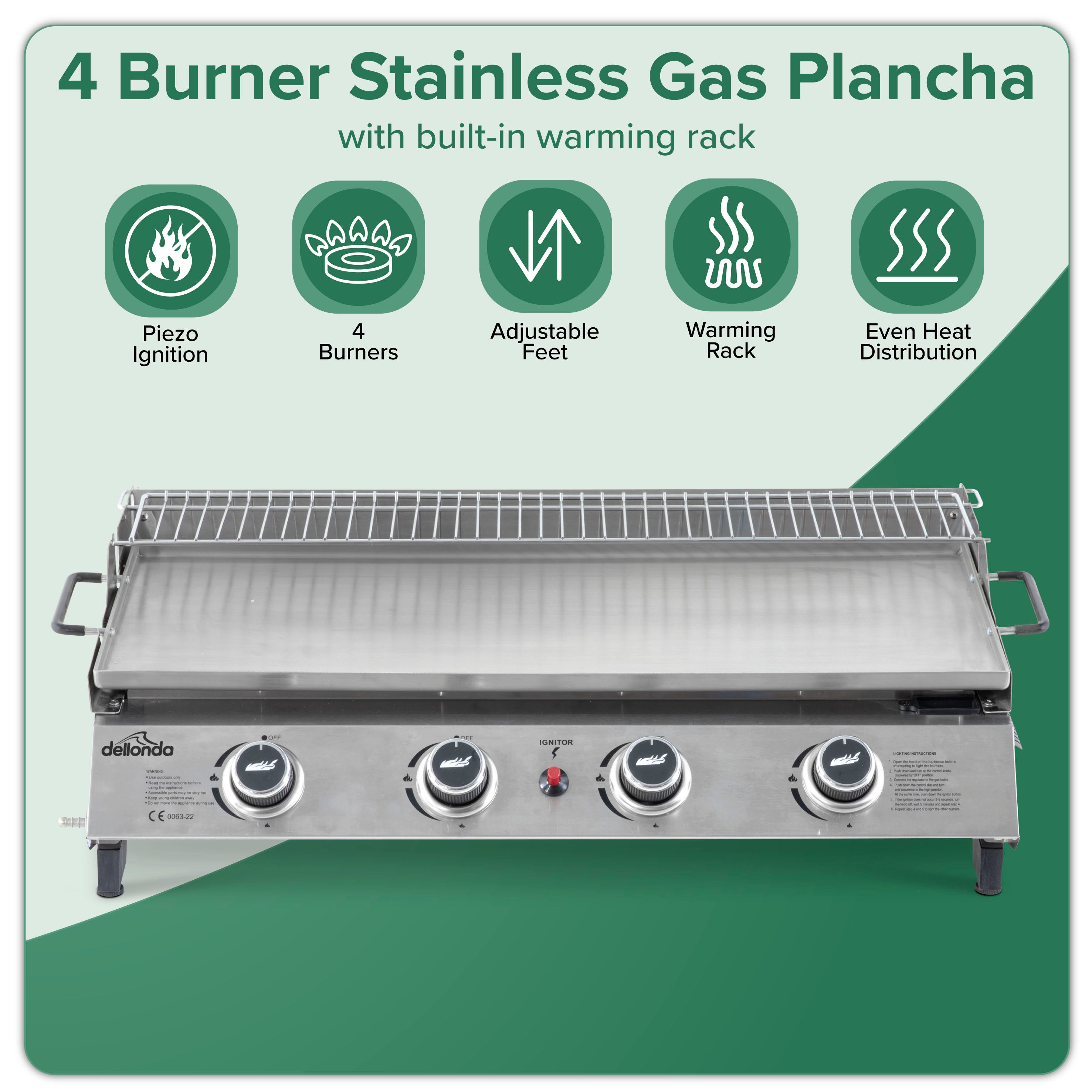 4 Burner Portable Gas Griddle with Warming Rack - 10kW Stainless Steel Commercial Flat Top Grill - Perfect for Outdoor Cooking, Camping, and Backyard BBQs