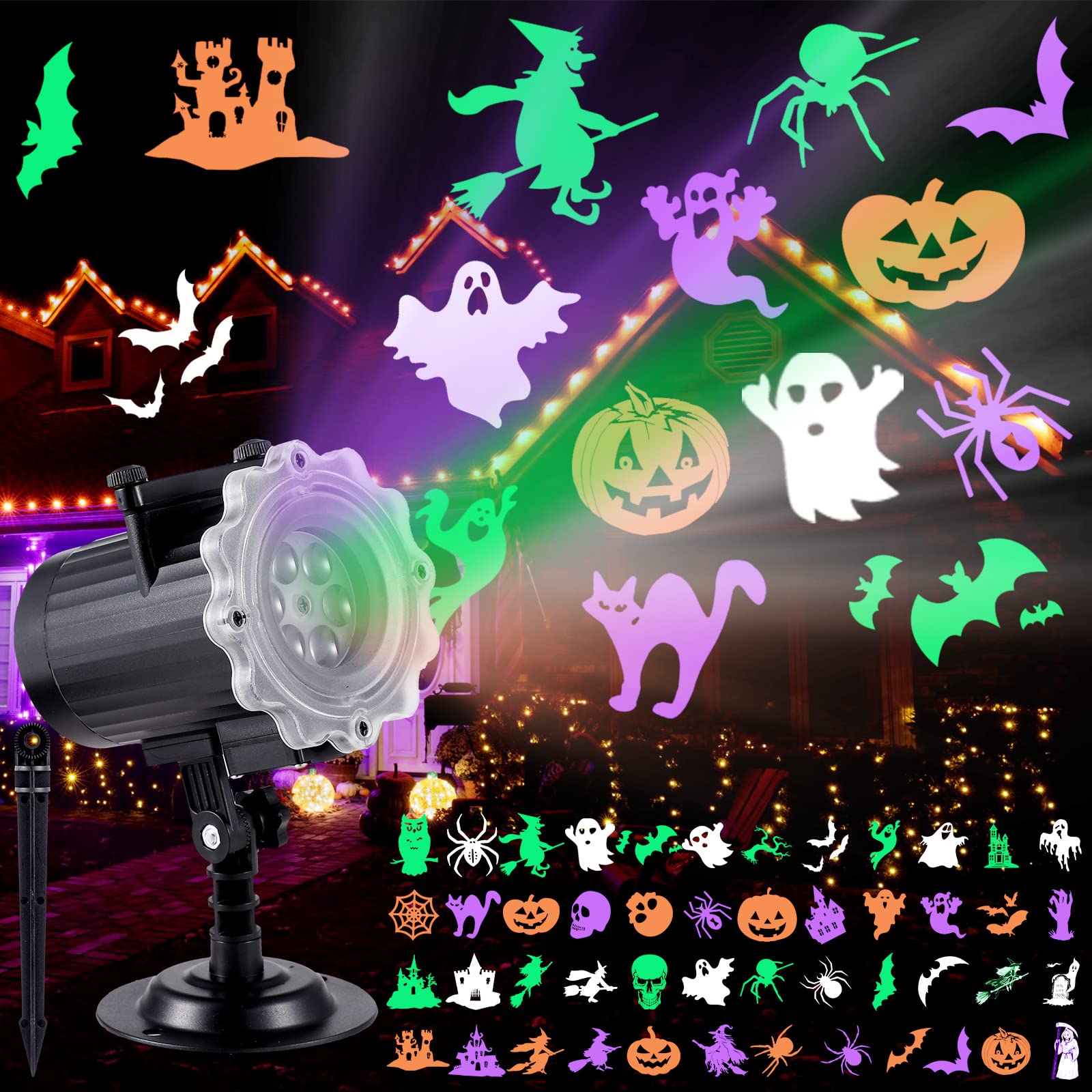 Treela Halloween Projector Lights Outdoor - 12 Spooky Slides with Ghost & Pumpkin Effects, LED Landscape Lighting for Holiday & Garden Decor (Style A) - Perfect for Halloween Yard Displays & Party Decorations