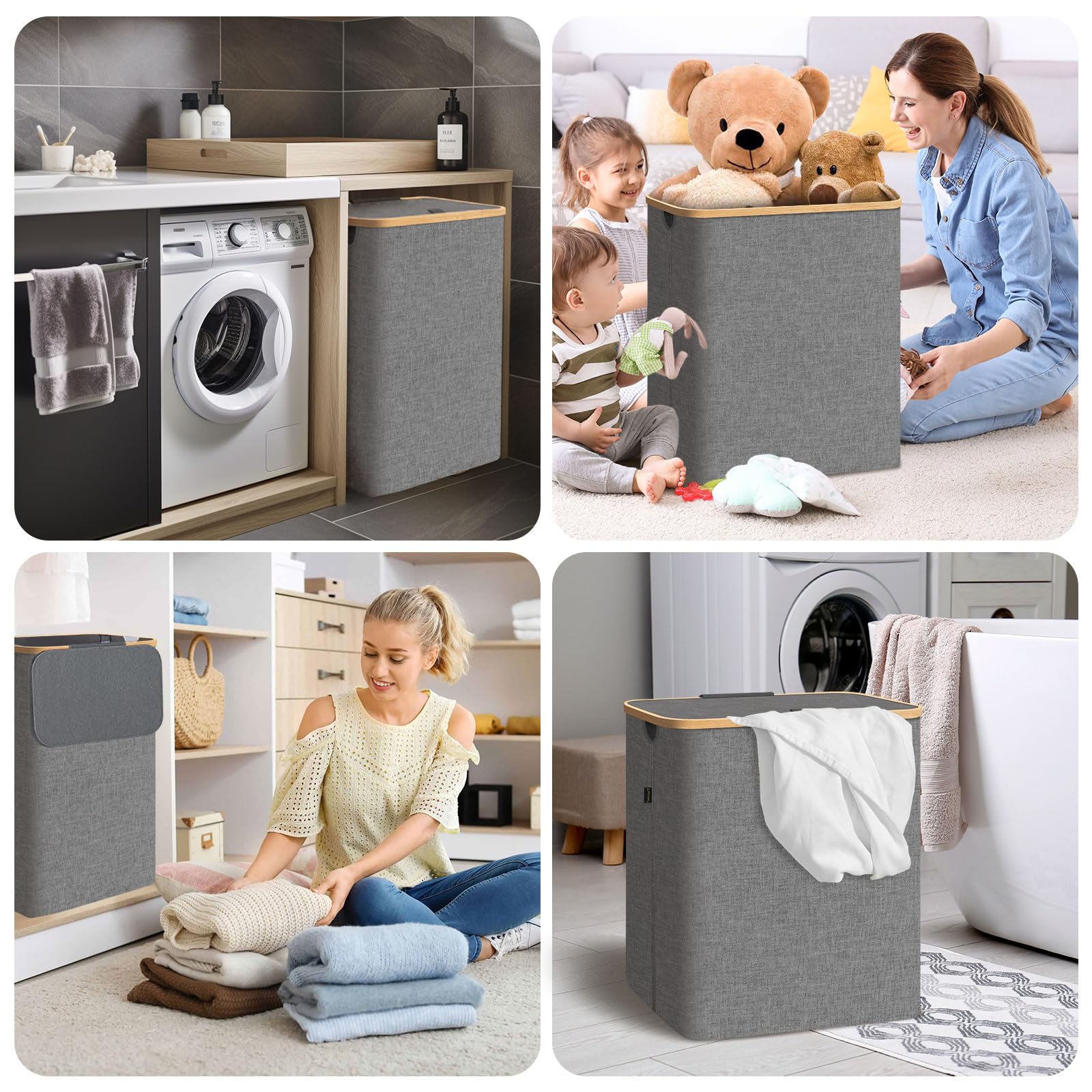 BALEINE Large Laundry Hamper with Lid & Bamboo Handles - 26 Gallon (100L) Tall Laundry Basket with Internal Support - Grey - Perfect for Bedroom, Bathroom & Dorm Organization