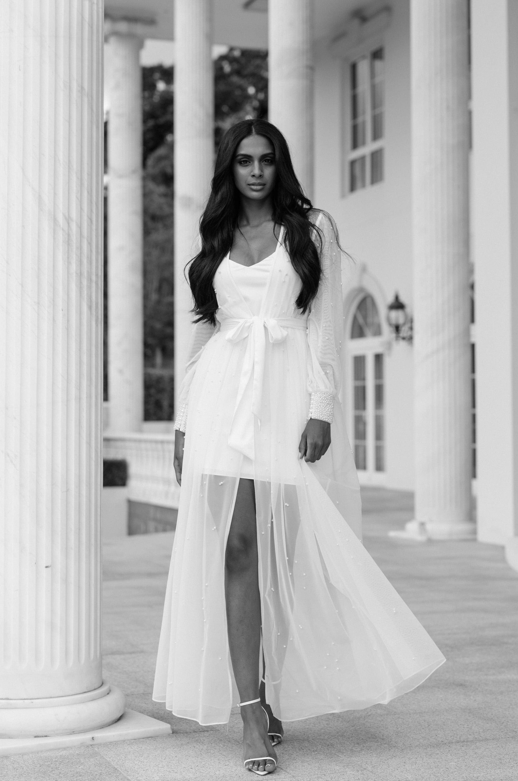 Elegant Ivy Hand-Beaded Pearl Mesh Maxi Dress with Slip - Perfect for Weddings, Parties & Special Occasions