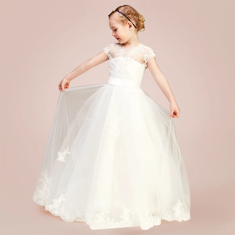 White Princess Tulle Lace Junior Dress for Girls - Short Sleeve Flower Girl Dress for Weddings, Parties & Special Occasions | Perfect for Birthday Celebrations, Pageants & Formal Events