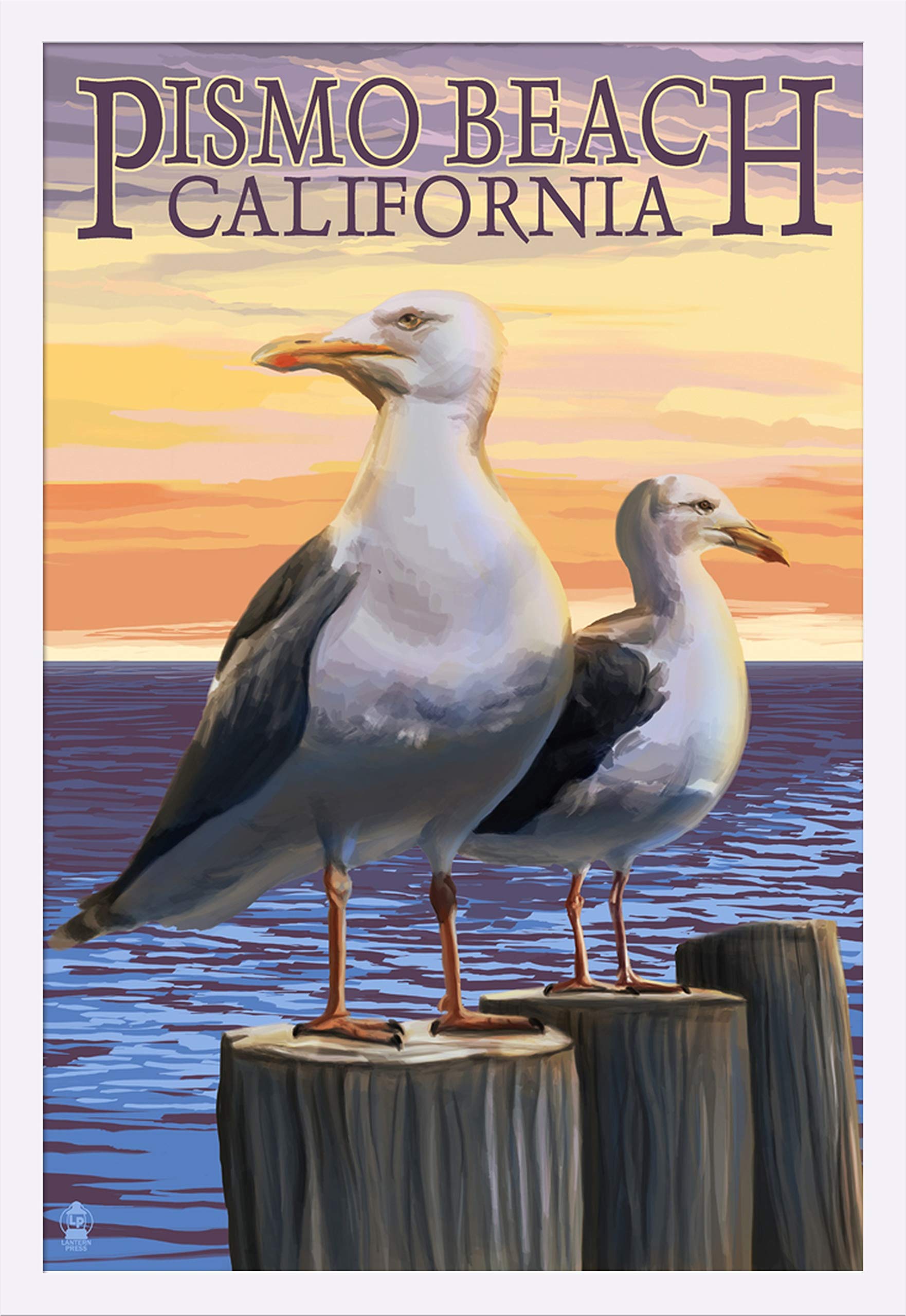 Pismo Beach California Sea Gulls 33409 - 24x36 Giclee Art Print in White Wood Gallery Frame - Coastal Wall Decor for Living Room, Bedroom & Office