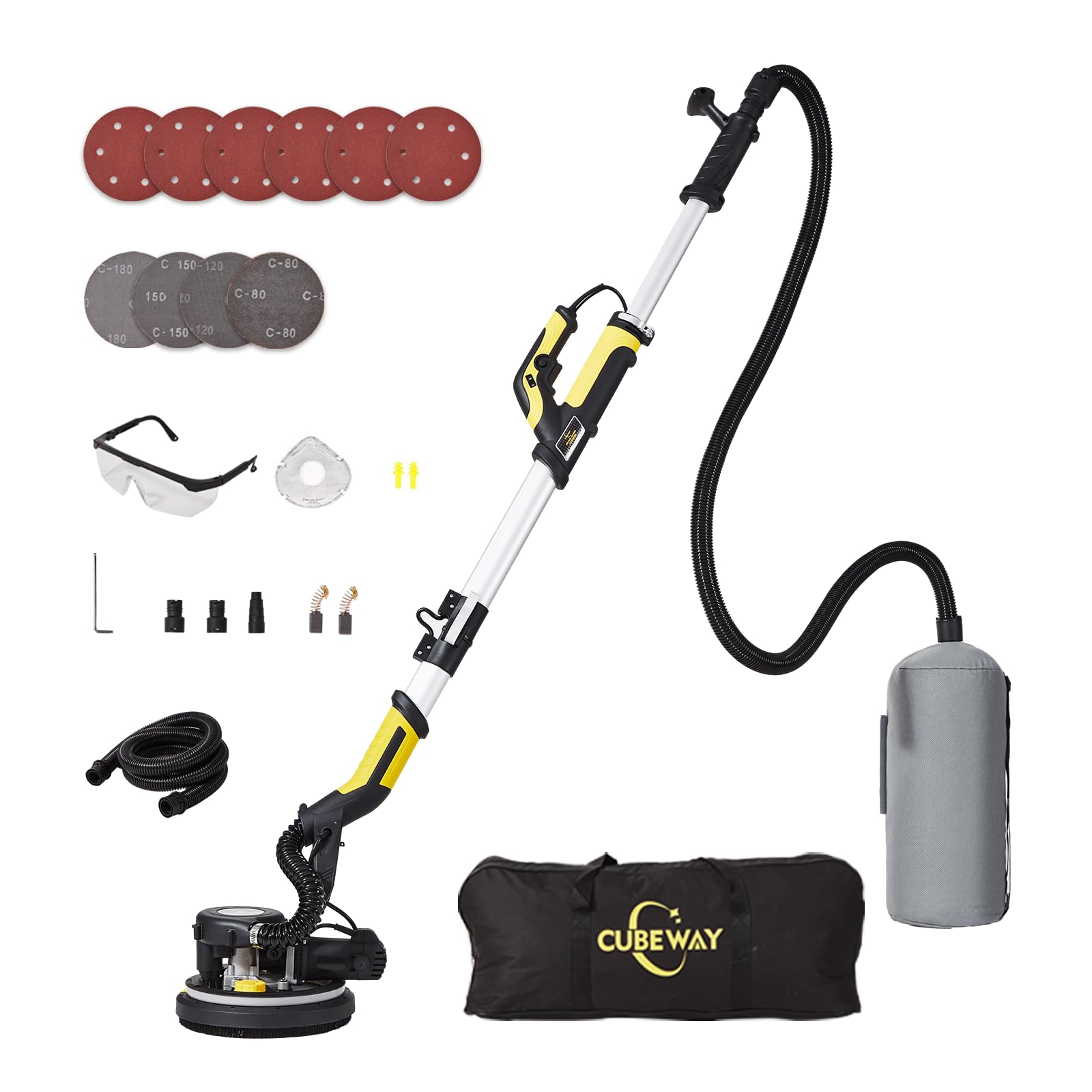 CUBWAY 750W Electric Drywall Sander with Vacuum Attachment - Variable Speed 900-1800RPM, Extendable Handle, LED Light & Dust Hose - Perfect for Drywall Repair, Sanding Walls & Ceilings Before Painting