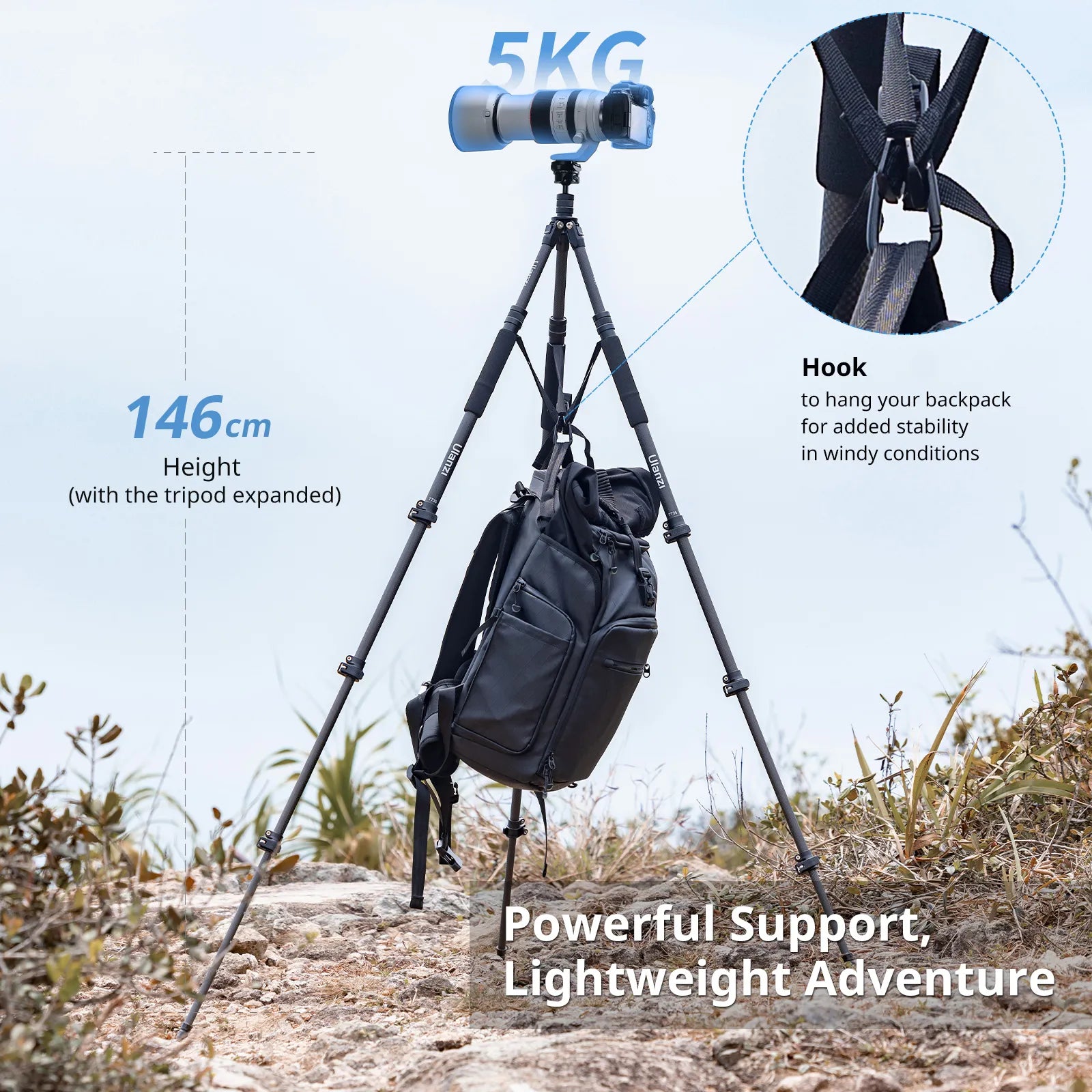 Ulanzi TT35 Lightweight Hiking Stick Tripod Kit - Adjustable Monopod & Camera Stand for Outdoor Photography, Vlogging, and Travel Adventures