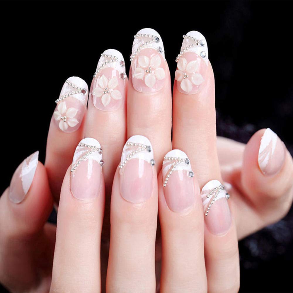 24pcs HUJL False Nails - Long Fashion Fake Nails for Women with 3D White Flower Carving | Natural Nail Art Design | Perfect for Parties, Weddings & Special Occasions
