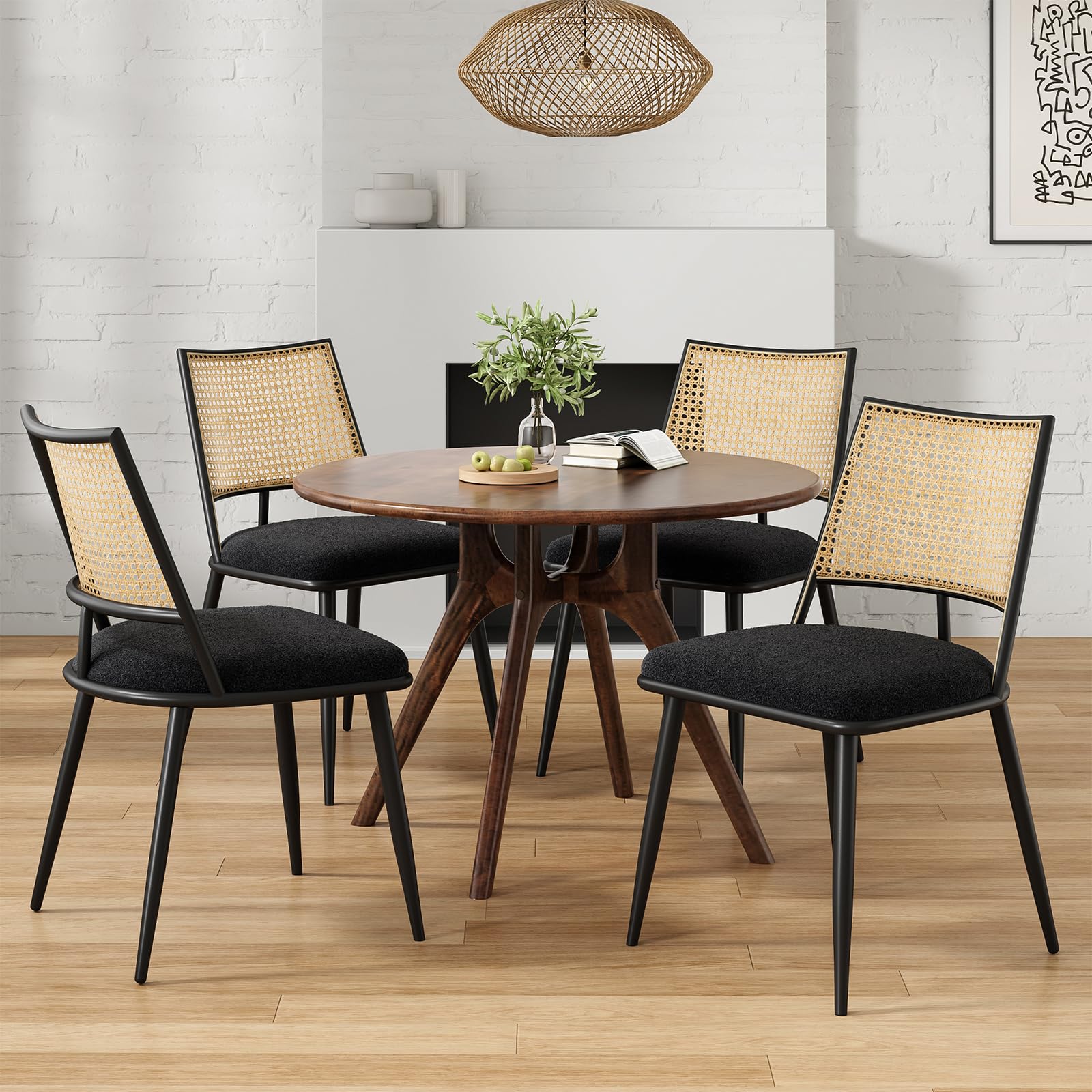 Farini Mid-Century Modern Dining Chairs Set of 2 - Rattan Backrest & Metal Frame Boucle Upholstered Kitchen Chairs for Dining Room, Kitchen, Living Room - Perfect for Small Spaces and Contemporary Home Decor (Black)