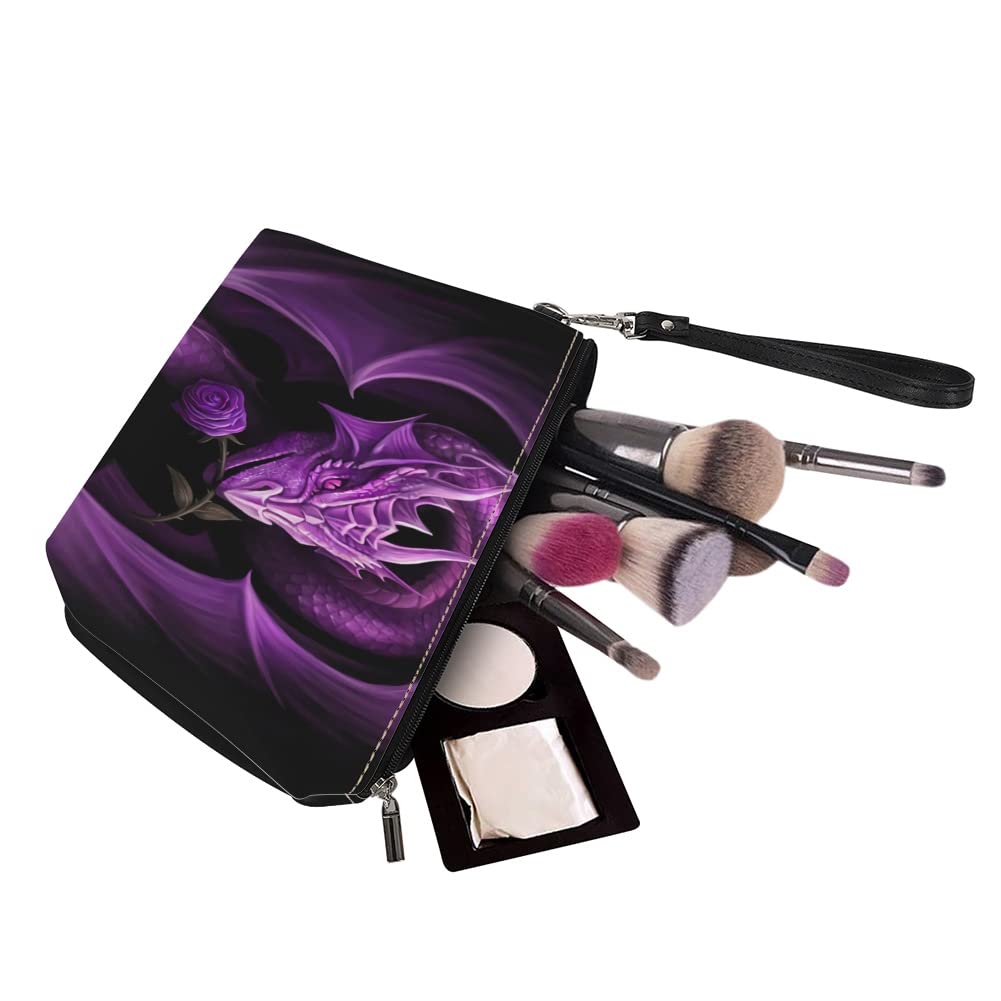 Premium Leather Makeup Bag for Women - Small Cosmetic Organizer with Zipper, Travel Toiletries Pouch, Mini Purse Clutch for Girls (Purple Dragon, Large) - Perfect for Travel, Gym, and Daily Essentials Storage