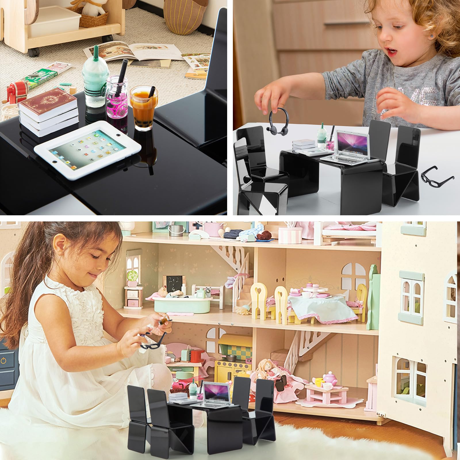16Pcs Miniature Laptop Computer Tablet Toy Phone Pad with Coffee Juice Doll Accessories - 1/6 & 1/12 Scale Mini Chairs, Table, Glasses & Headset Playset for Girls - Perfect for Dollhouse Scenes & Smart Toy Simulation