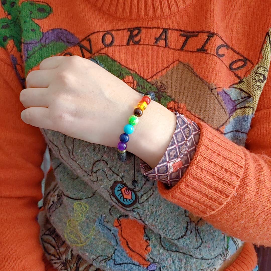 GelConnie 7 Chakra Lava Rock Bracelet - 8mm Natural Stone Healing Beads for Stress Relief, Anxiety & Yoga | Essential Oil Diffuser Aromatherapy Jewelry - Perfect for Meditation, Spiritual Healing & Daily Wear