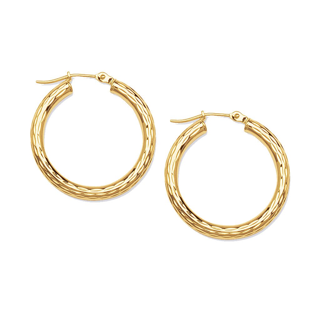 14K Yellow Gold Full Diamond-Cut Engraved Hoop Earrings 3x35mm - Elegant Dangle Earrings for Women, Perfect for Parties, Weddings & Everyday Wear