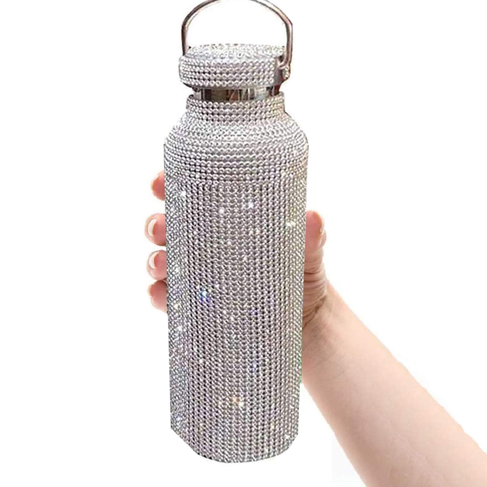 Premium Diamond Thermos Water Bottle - 750ML Insulated Stainless Steel Flask with Rhinestones - Keeps Drinks Hot/Cold for 24 Hours - Elegant Silver Design for Office, Gym & Outdoor Activities