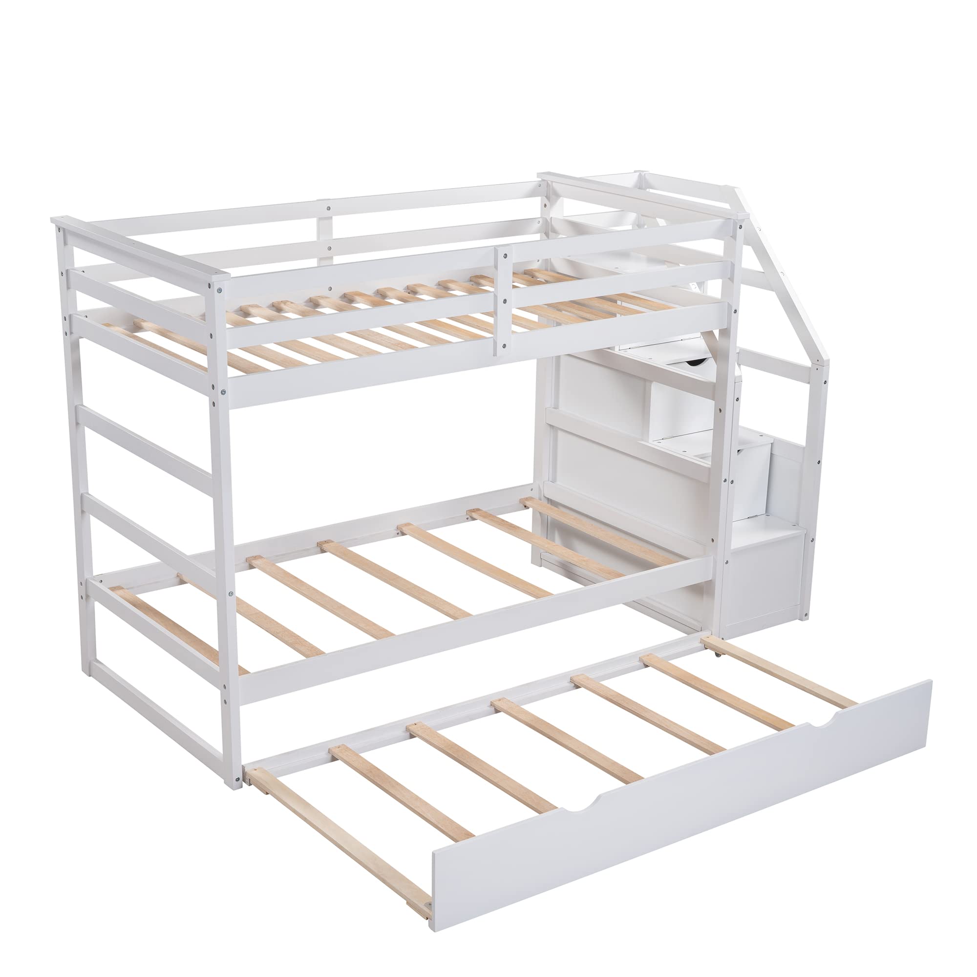 Twin Over Twin Bunk Beds with Trundle & Stairs - Wooden Bunk Bed Frame with 3 Storage Drawers for Kids, Boys, Girls & Teens - Space-Saving Bedroom Solution for Siblings or Sleepovers - White