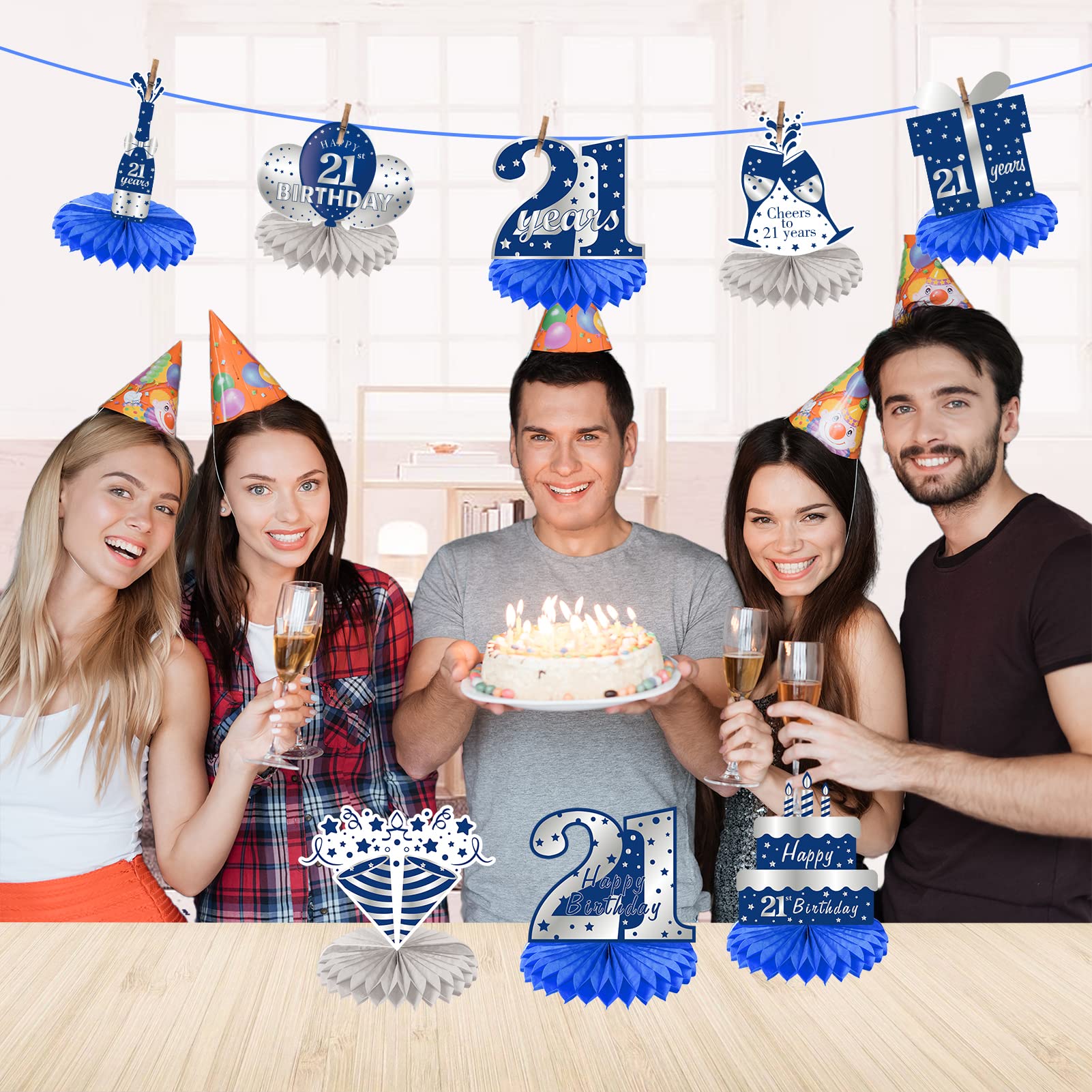 8Pcs Blue & Silver 21st Birthday Honeycomb Centerpieces Decorations for Men - Happy 21 Birthday Party Table Decorations, Twenty First Year Old Table Topper - Perfect for Adult Birthday Parties, Milestone Celebrations & Graduation Decor