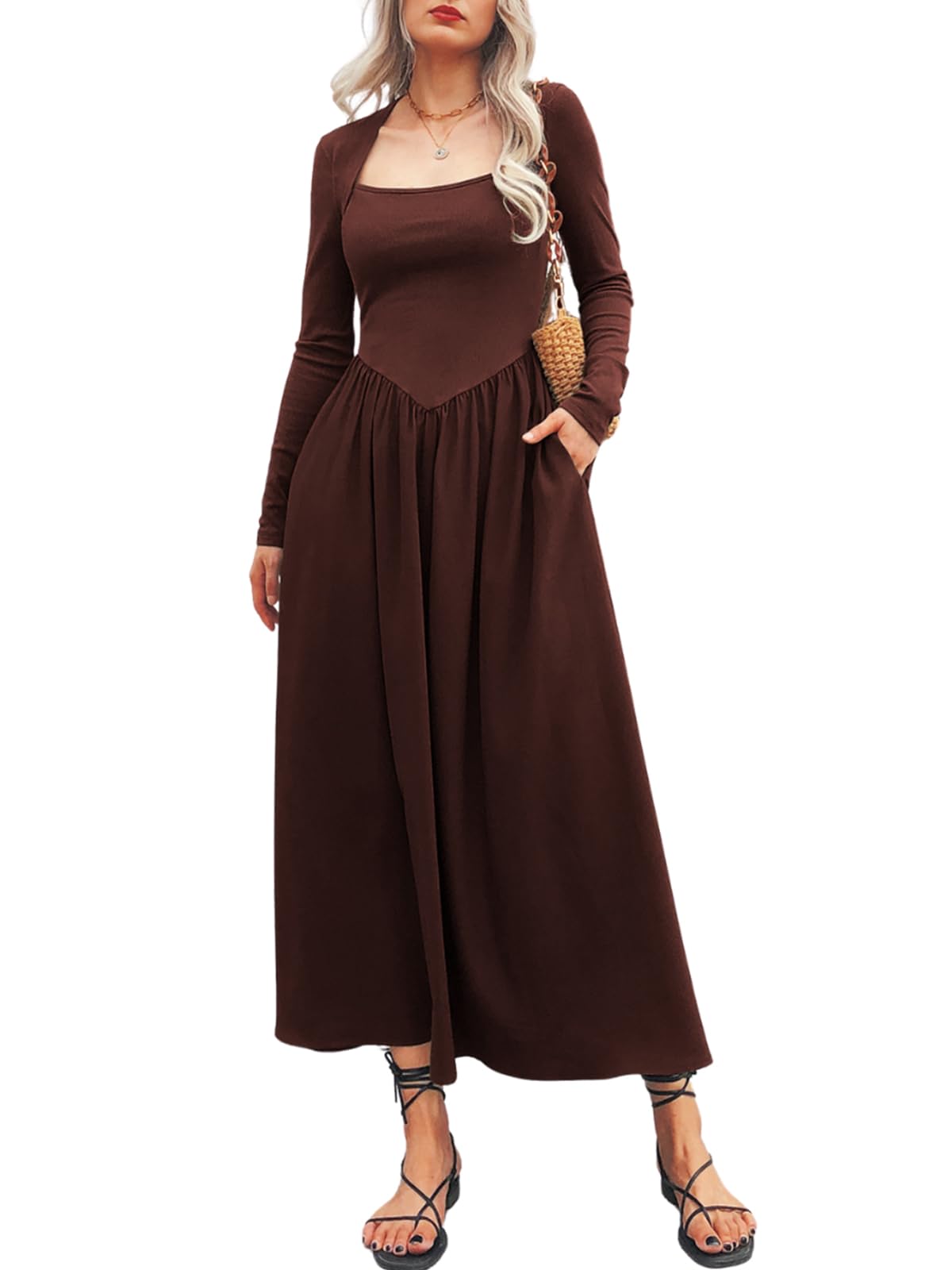 Women's Long Sleeve Maxi Dress 2024 | Fall Crewneck Knit Casual Solid Wedding Guest Dress | Flowy Elegant Long Dress with Pockets | Perfect for Weddings, Parties & Autumn Outfits