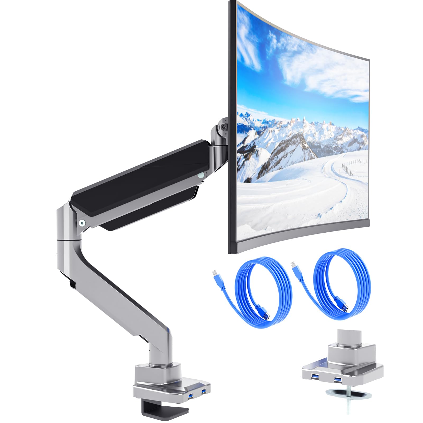 WALI Heavy Duty Gas Spring Single Monitor Arm Desk Mount - Fully Adjustable Stand for 35 Inch Screens up to 33lbs (GSMU001, Silver) - Perfect for Home Office, Gaming Setup & Workspace Ergonomics