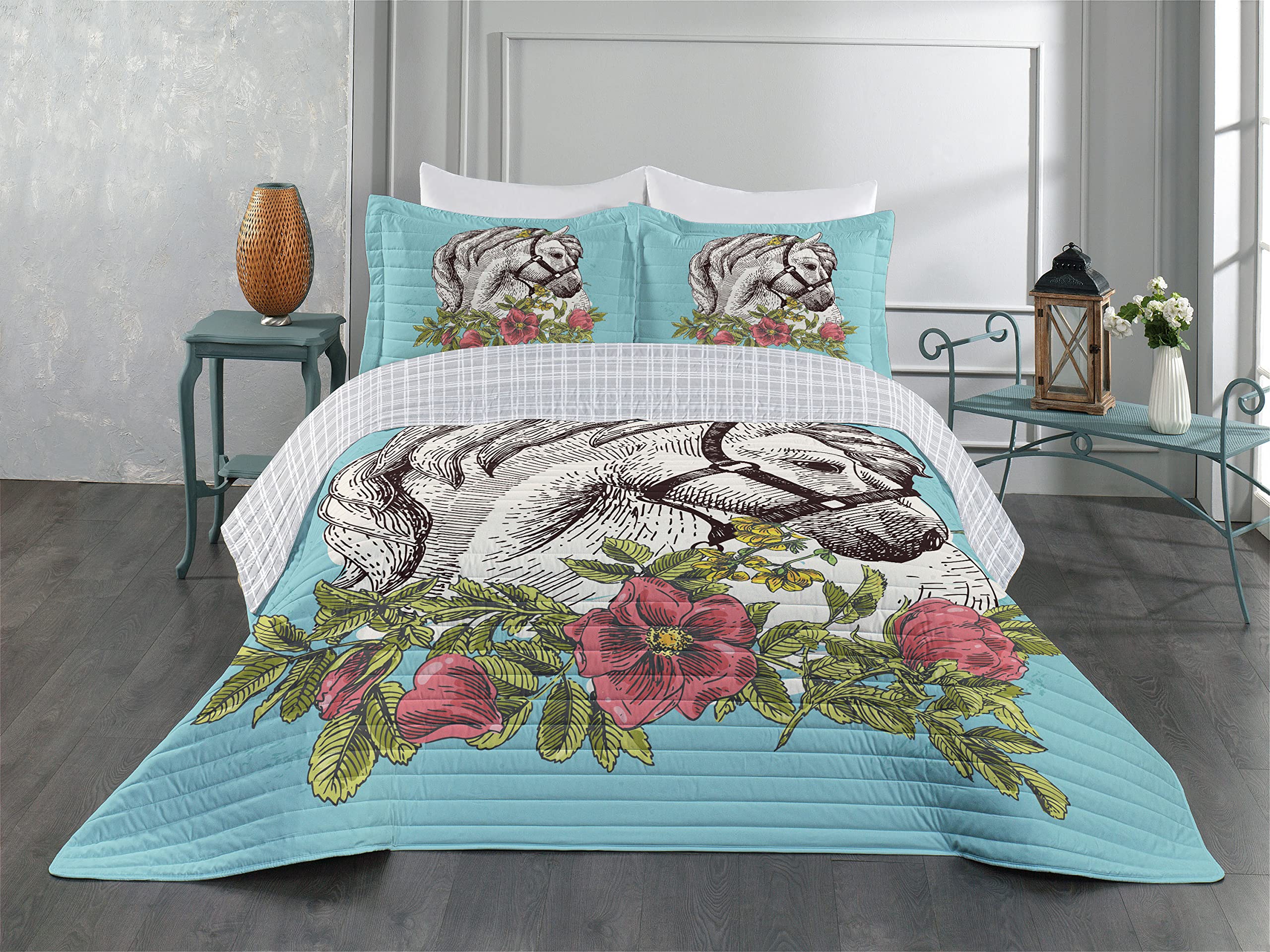 Ambesonne Floral Reversible Bedspread Set - Boho Style Horse Opium Blossoms Poppy Wreath Design, Microfiber Comforter & Pillow Shams, Queen Size in Turquoise & Apple Green | Perfect for Bohemian Bedroom Decor, Guest Room Makeover & Cozy Home Styling