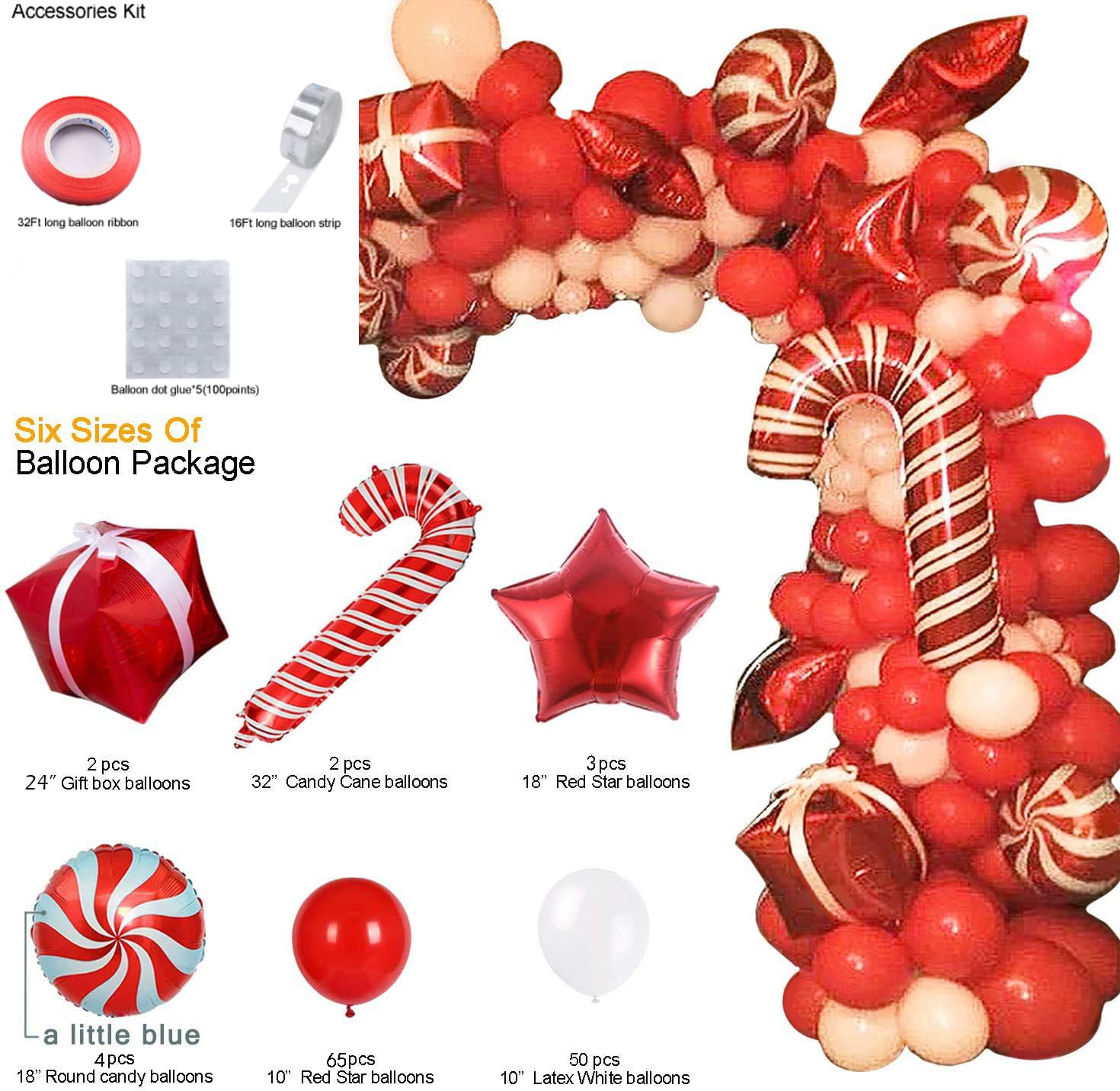 Bonropin Christmas Balloon Arch Kit - 120pcs Red & White Balloons, Candy Balloons, Red Star & Candy Cane Foil Balloons for Xmas Party Decorations | Perfect for Christmas Tree Decor, Holiday Home Decoration & Festive Party Backdrops