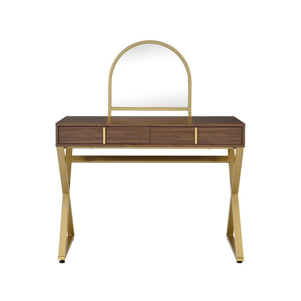 Acme Coleen Vanity Desk in Walnut & Gold Finish - Elegant Dressing Table with Mirror for Bedroom Makeup & Skincare Routine