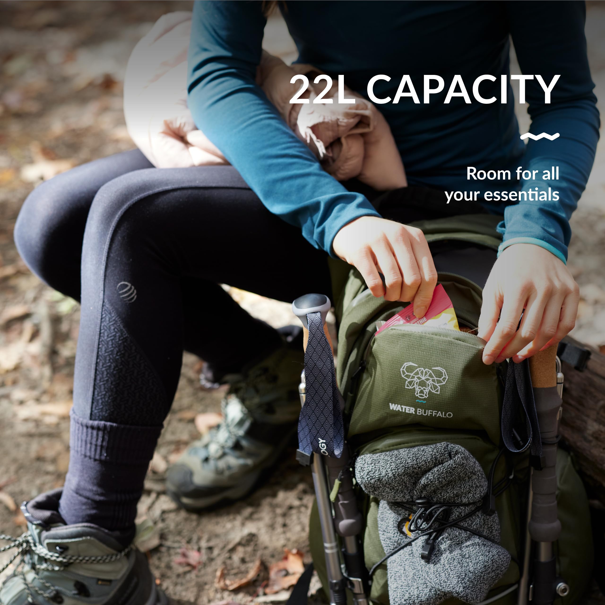 Sherpa 22L Water Buffalo Hydration Backpack with 2L Water Bladder - Lightweight Hiking Backpack with Waterproof Zippers, Phone Pocket & Trekking Pole Holders - Perfect for Hiking, Camping & Outdoor Adventures