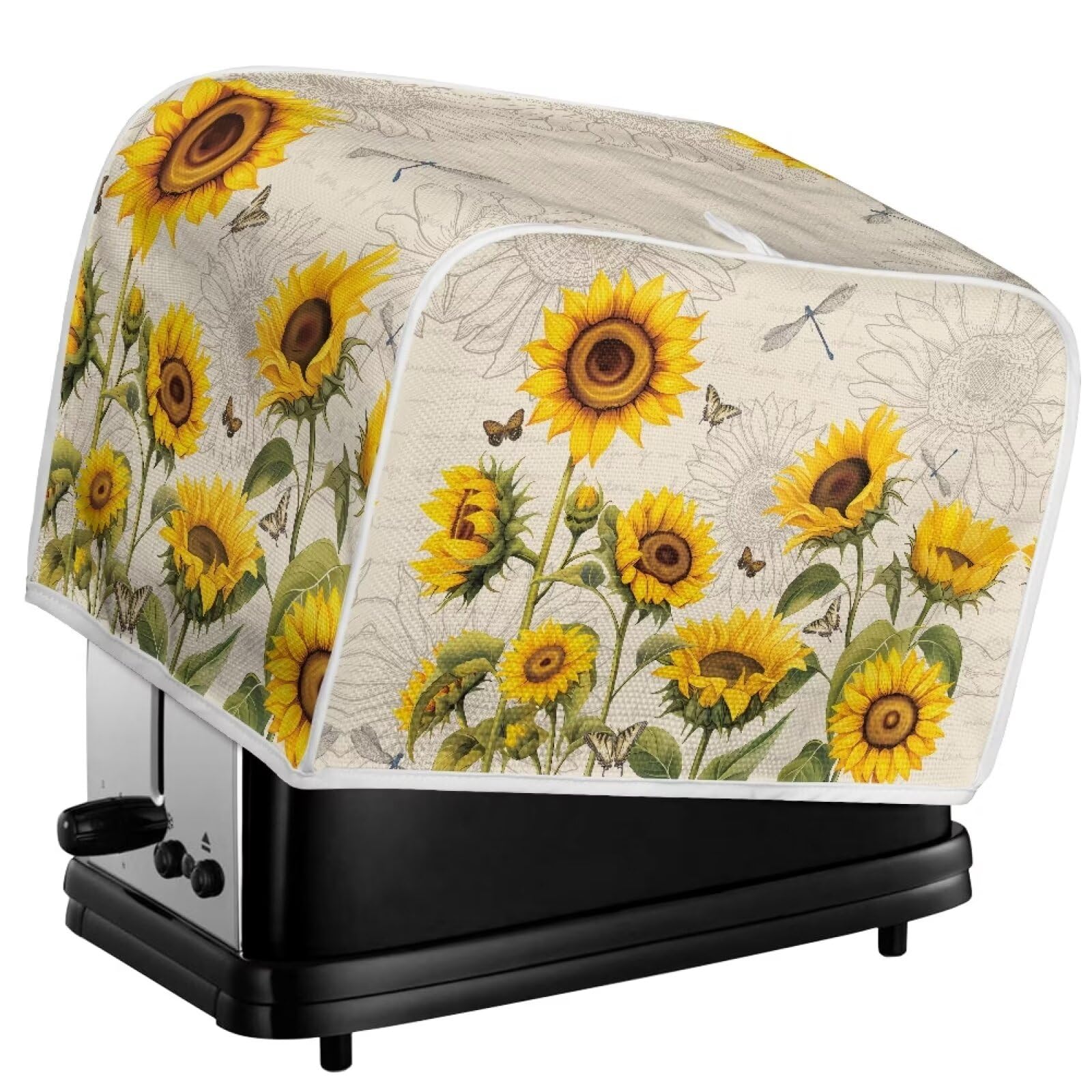 4-Slice Toaster Cover & Bread Machine Cover with Handle - Universal Kitchen Appliance Dust Cover - Stain Resistant, Sunflower Dragonfly Retro Design - Perfect for Countertop Protection & Small Appliance Storage
