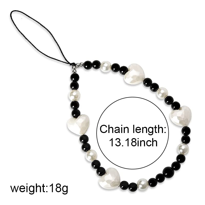 Kilener Heart Beaded Phone Lanyard - Black & White Wrist Strap with Anti-Lost Chain for iPhone Samsung Phone Cases | Cute Phone Charms Accessories for Women & Girls | Perfect for Work, School & Travel