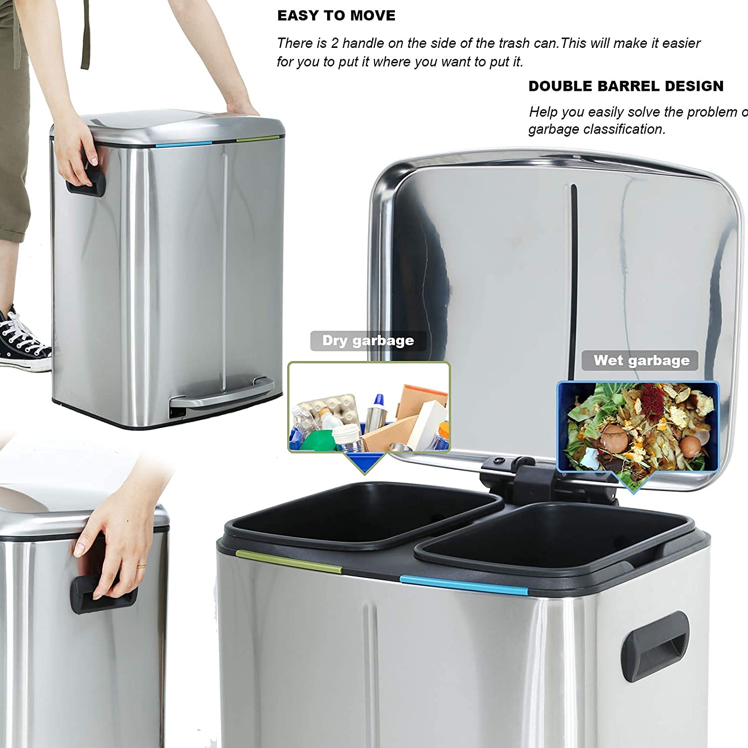 10 Gallon (40L) Stainless Steel Trash Can with Lid - 2 Removable Liner Buckets for Kitchen, Office & Home Use | Step Pedal Waste Bin, Large Recycling Garbage Container for Waste Management & Organization