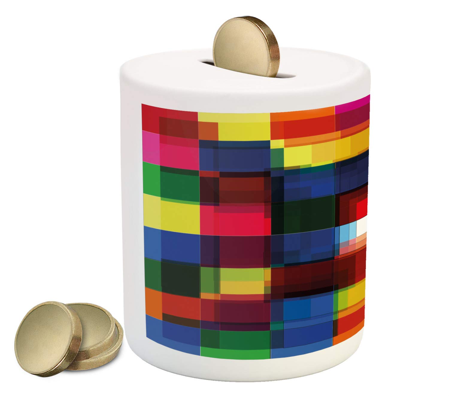 Ambesonne Abstract Piggy Bank - Colorful Mosaic Pattern Ceramic Coin Bank for Cash Saving | Digital Tile Grid Print Money Box | Perfect for Kids' Savings, Home Decor & Gift Giving