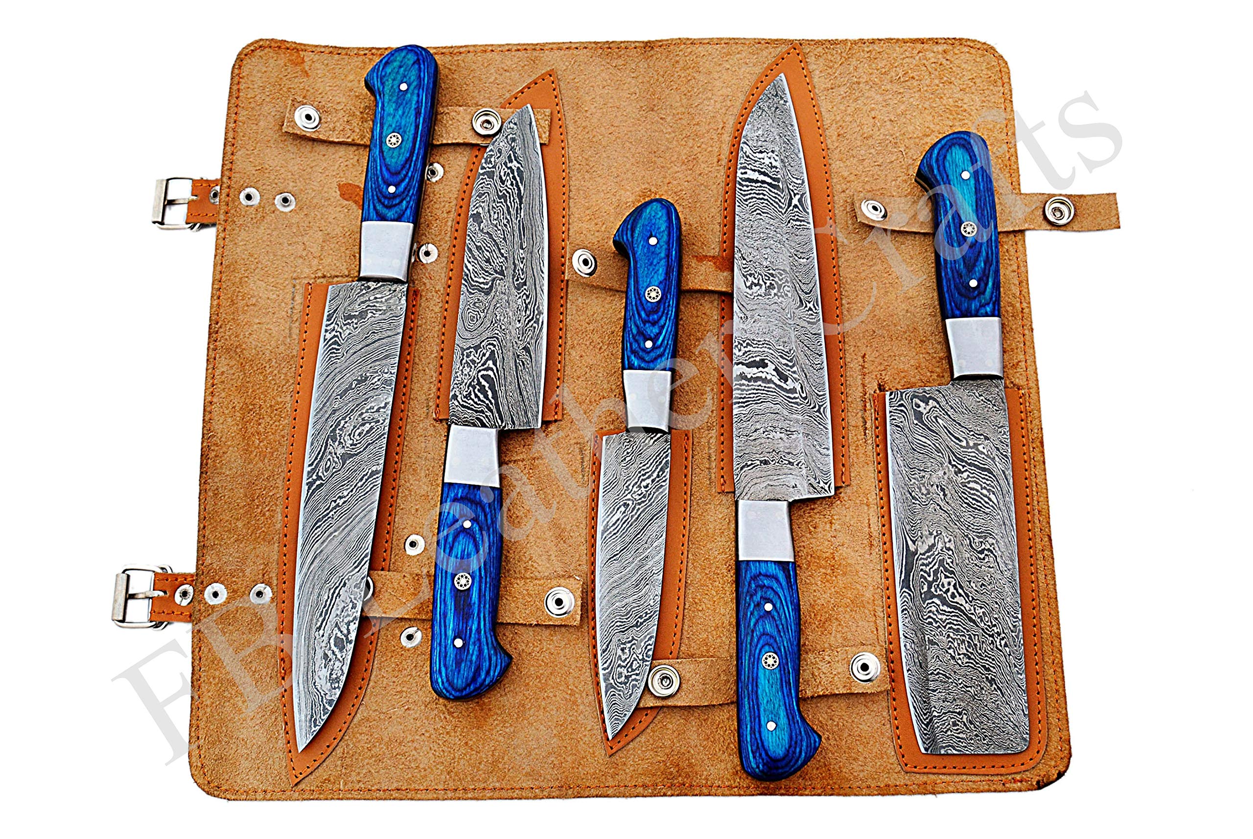 Premium Damascus Steel Chef Knife Set - 5-Piece Handcrafted BBQ Knives with Leather Roll Case - Professional Kitchen Cutlery for Cooking, Slicing & Grilling - Ideal for Home Chefs & Outdoor BBQ (Blue Wood)