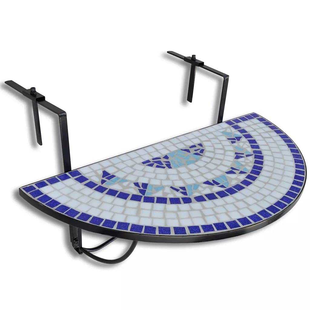 Blue and White Mosaic Patio Table - Outdoor Hanging Table for Garden, Balcony, Poolside - Weather Resistant & Stylish Decor for Relaxing Outdoors (Fast Shipping)