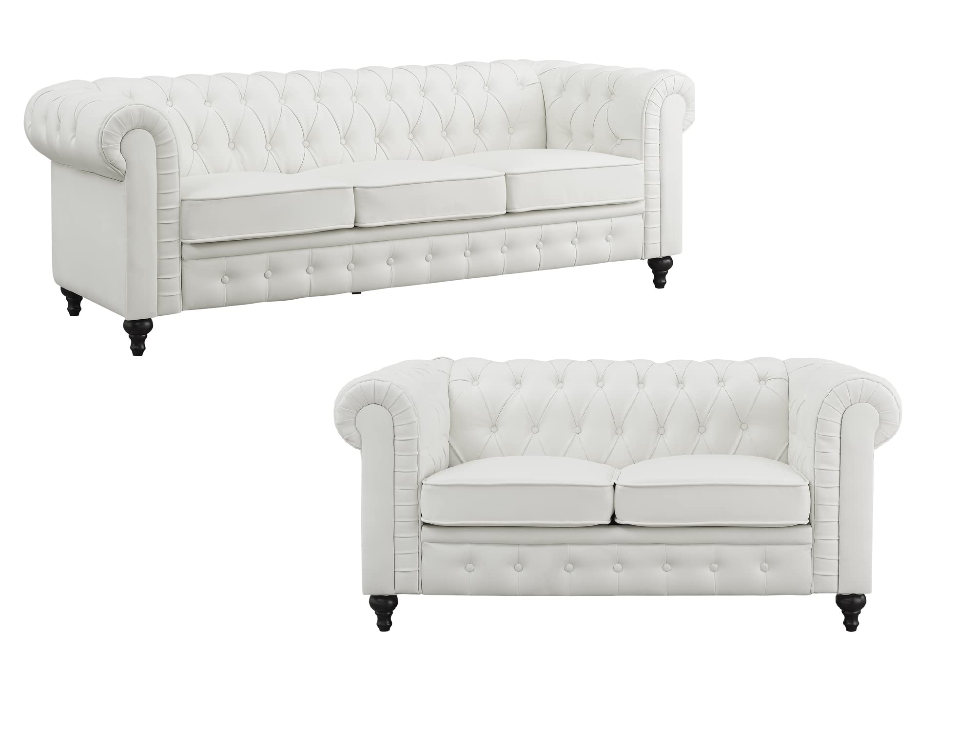 Naomi Home Emery Chesterfield Loveseat & Sofa - Tufted Rolled Arm 2 & 3 Seater Sectional Couch for Small Spaces - Easy Tool-Free Assembly in White | Perfect for Living Room, Bedroom & Apartment Decor