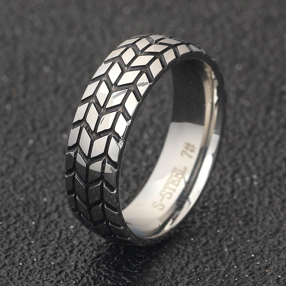 6mm Stainless Steel Tire Tread Motorcycle Band Ring for Men - Rugged Biker Jewelry for Everyday Wear & Motorcycle Enthusiasts
