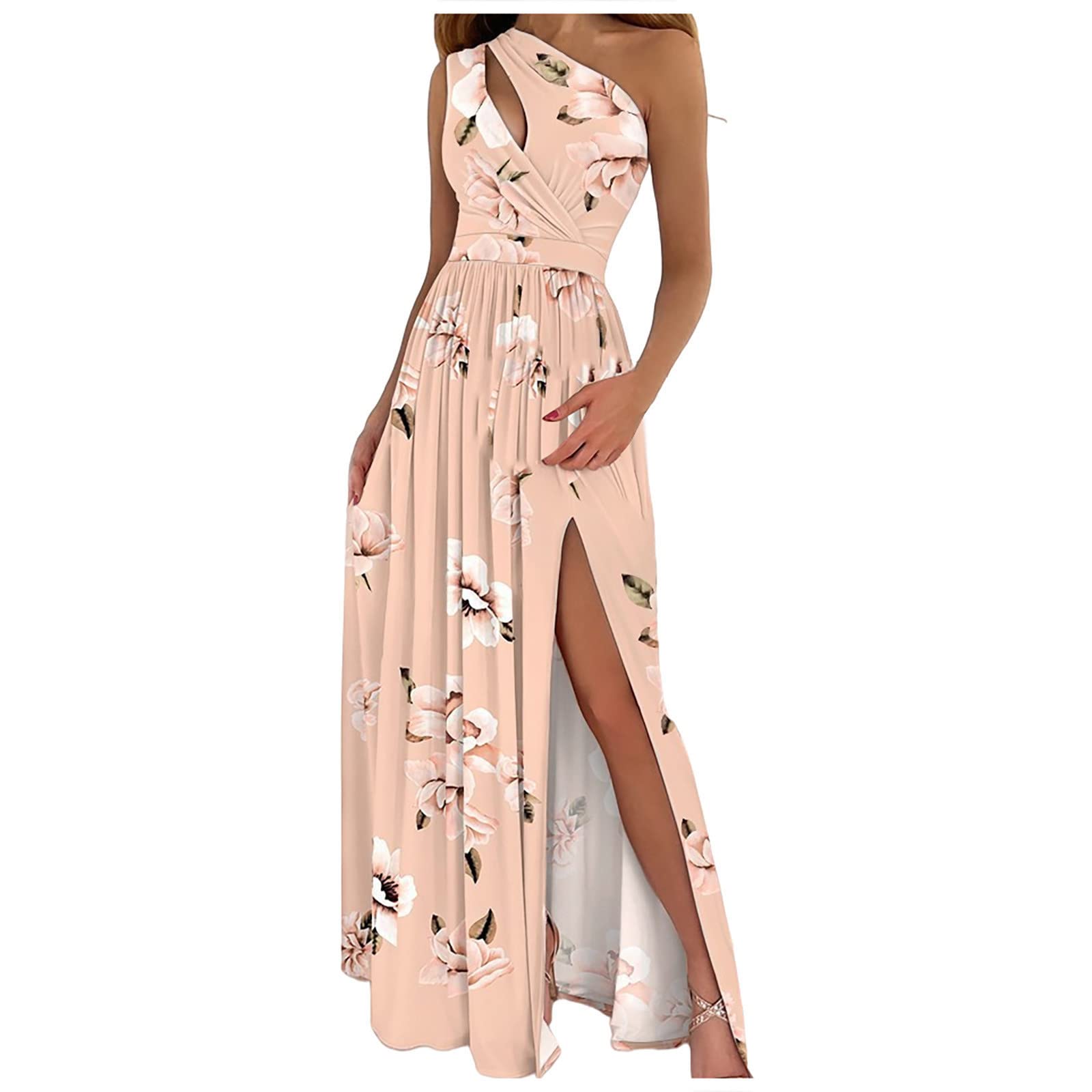 Elegant One Shoulder Dresses for Women - Sexy Hollow Out High Slit Long Maxi Dress, Sleeveless Ruched Party Gown for Cocktail, Evening, Prom & Special Occasions