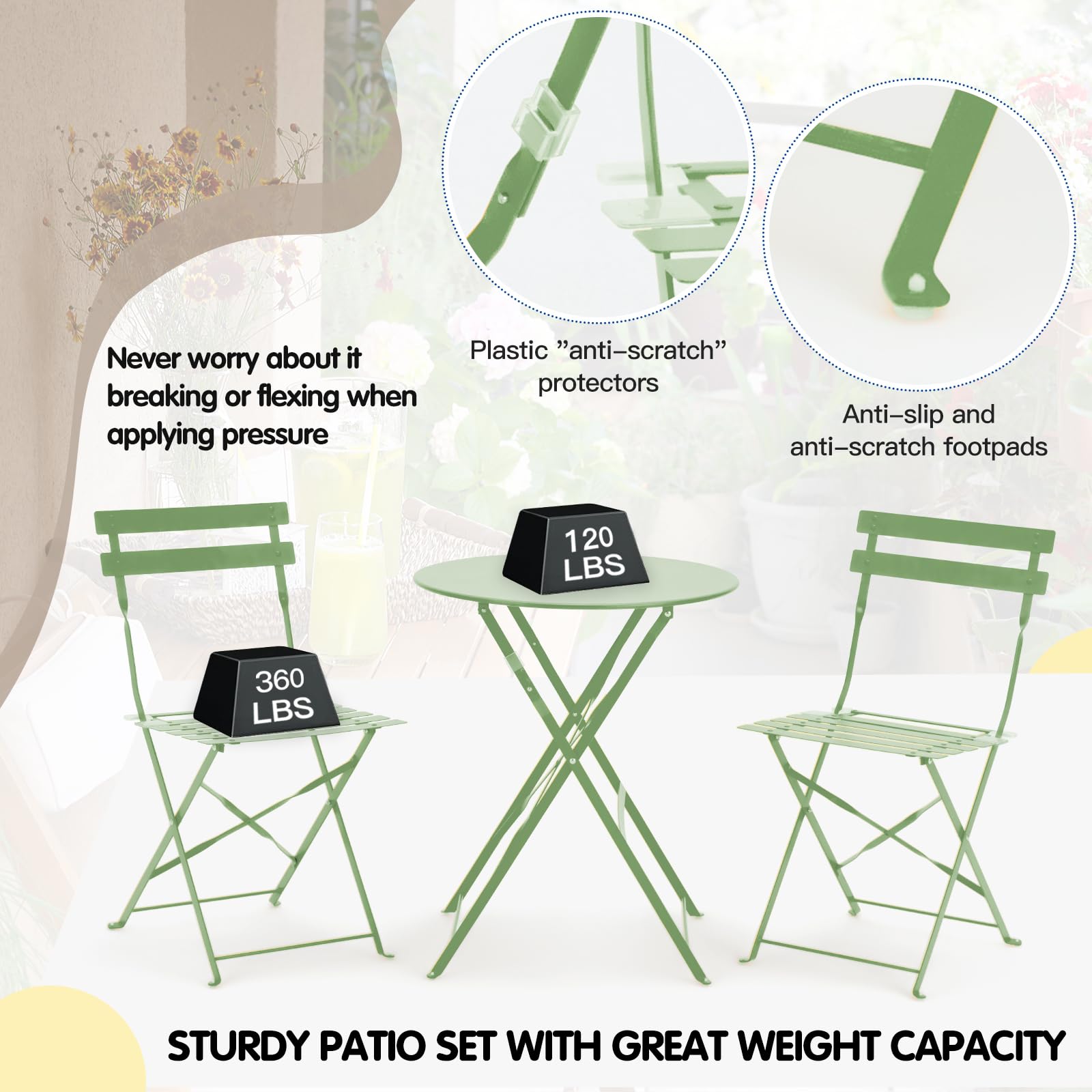3-Piece Wrought Iron Bistro Set - Rustproof & Waterproof Folding Cafe Table with 2 Chairs for Small Spaces | Indoor/Outdoor, Porch, Lawn, Balcony & Garden Use | Perfect for Coffee Shops, Patios and Compact Dining Areas
